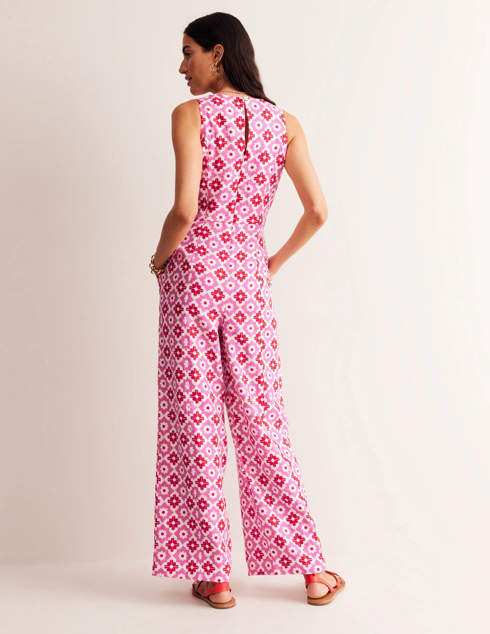 Carla Linen Jumpsuit-Pink Power, Geometric Stamp - Image 4