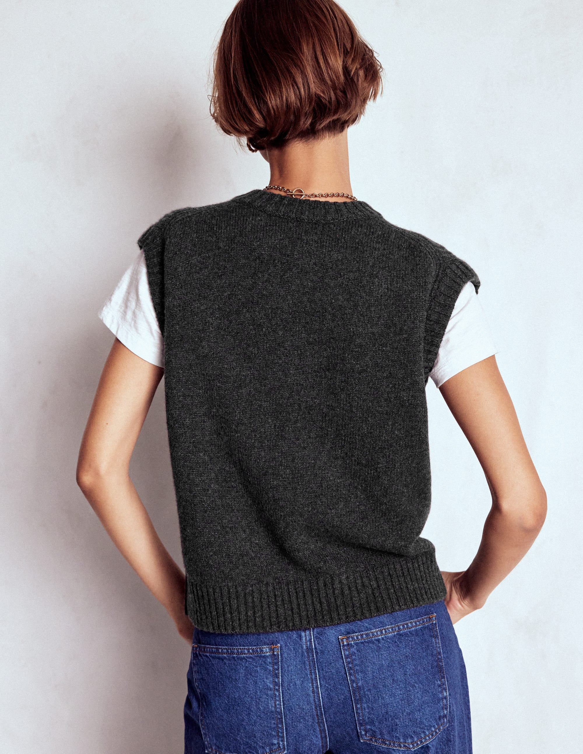 Cashmere Ribbed Trim Vest-Charcoal Melange - Image 3