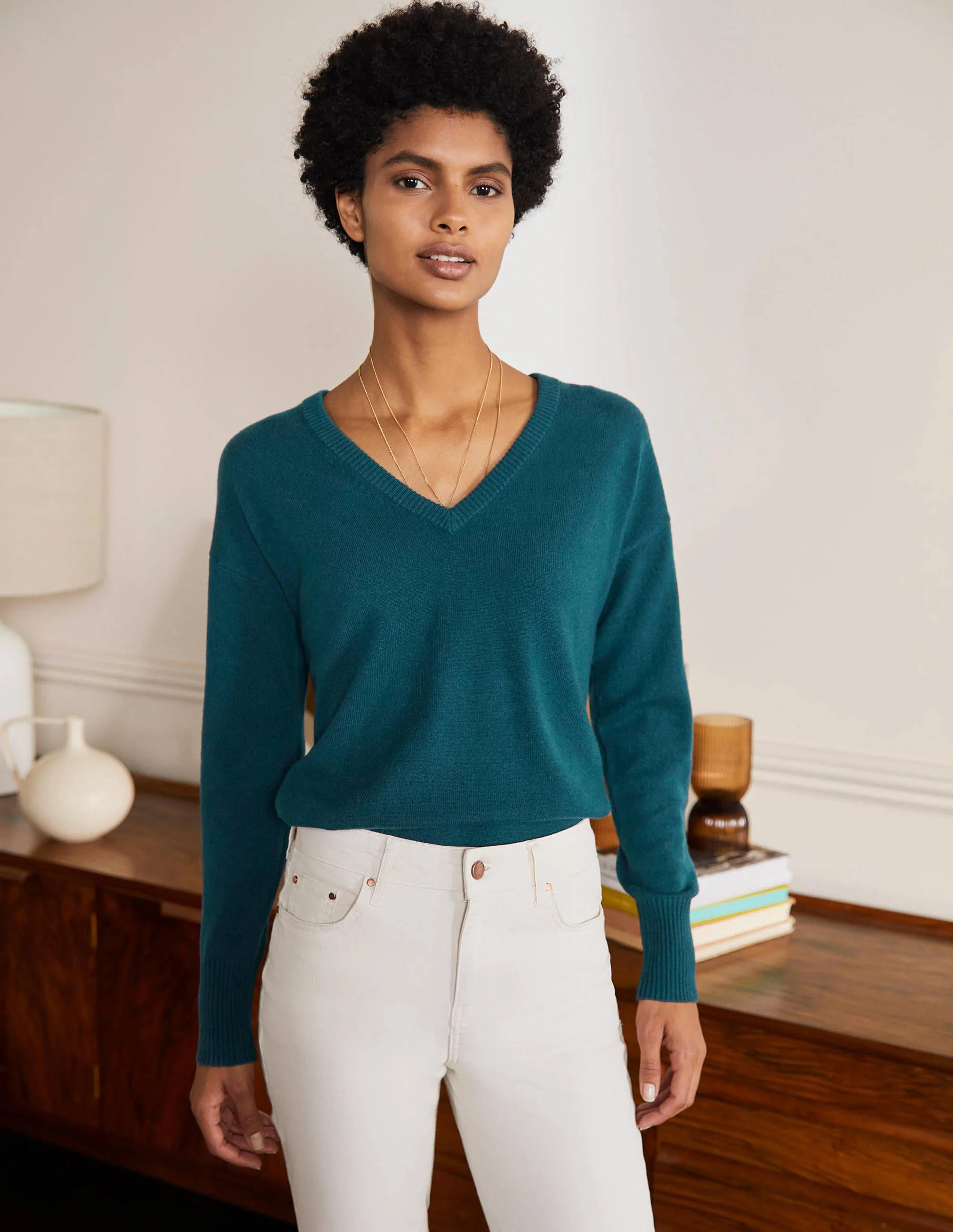 Cashmere V-neck Relax Jumper-Dark Teal