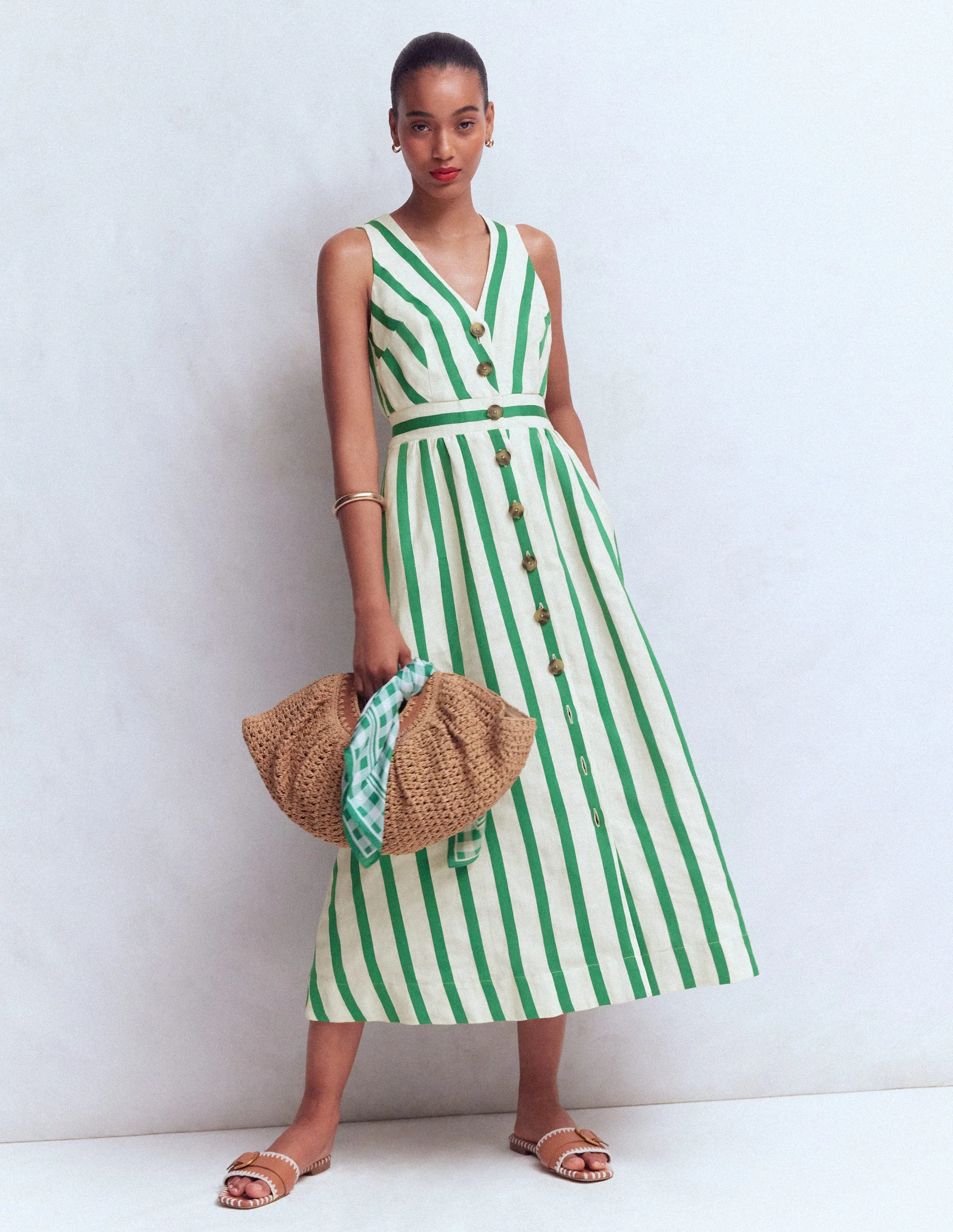 Catherine Button Linen Dress-Ivory and Green Satin Stripe - Image 4