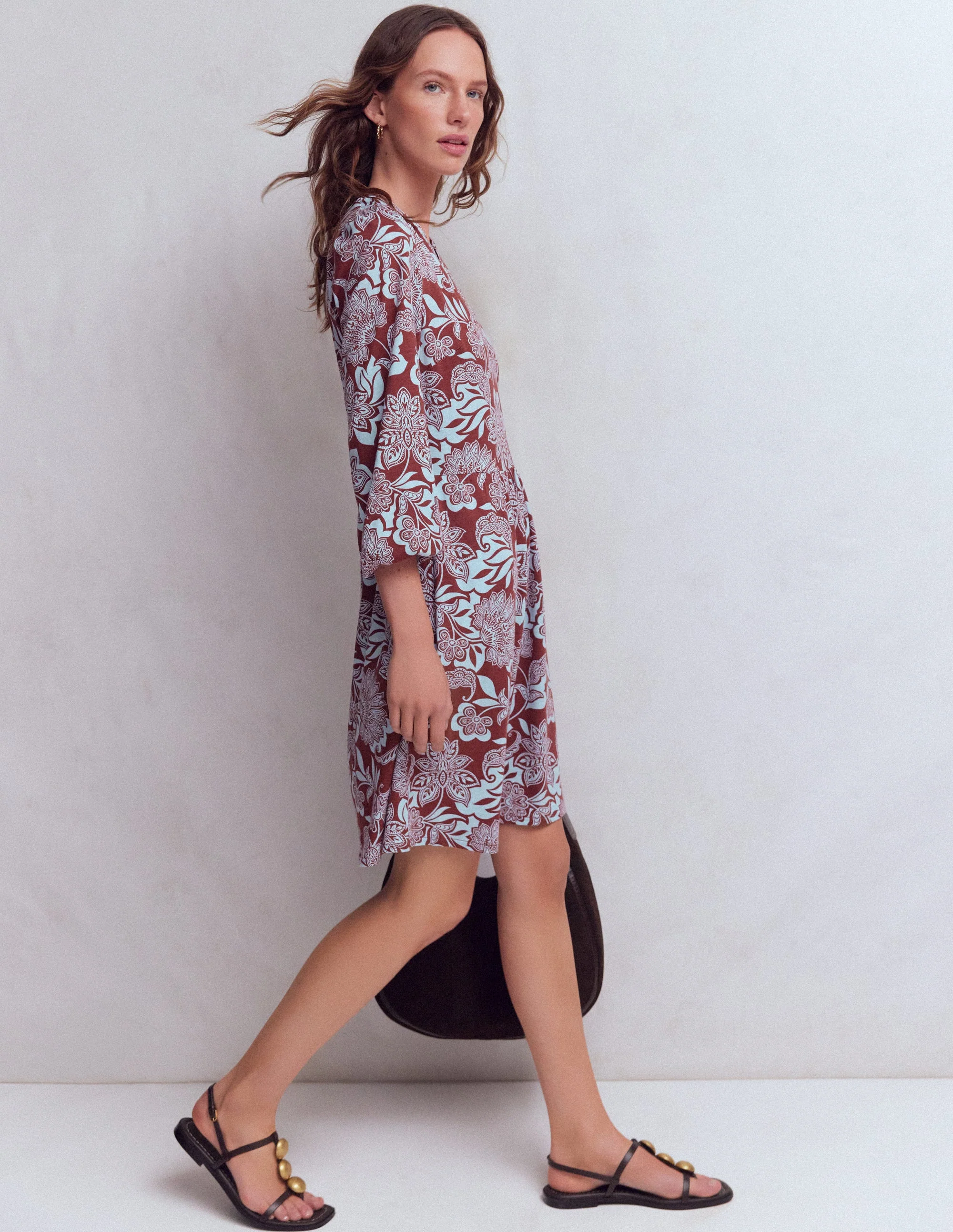 Cathy Notch Neck Jersey Dress-Roasted Brown, Elegant Blossom - Image 4