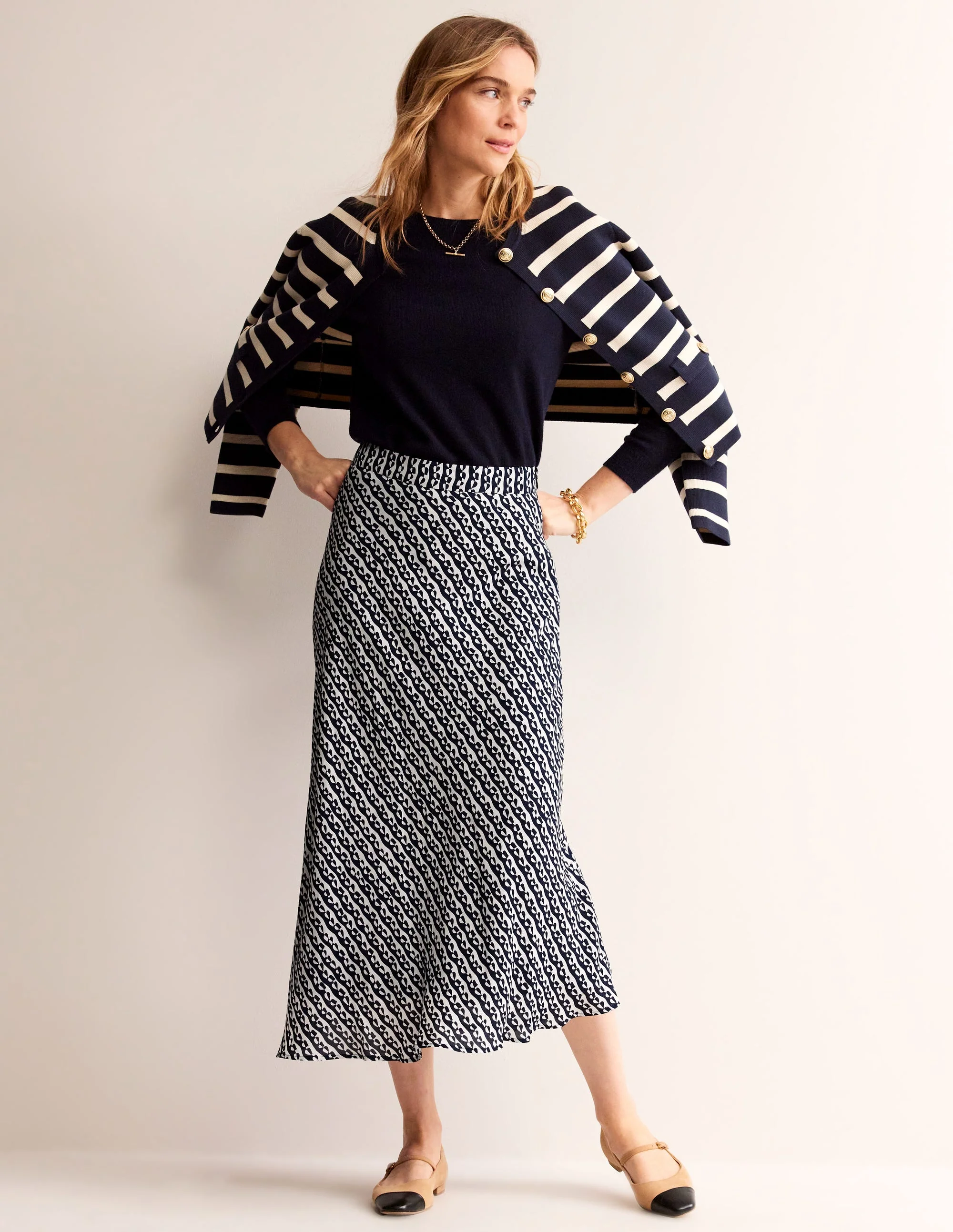 Cecelia Midi Skirt-French Navy, Abstract Heart
