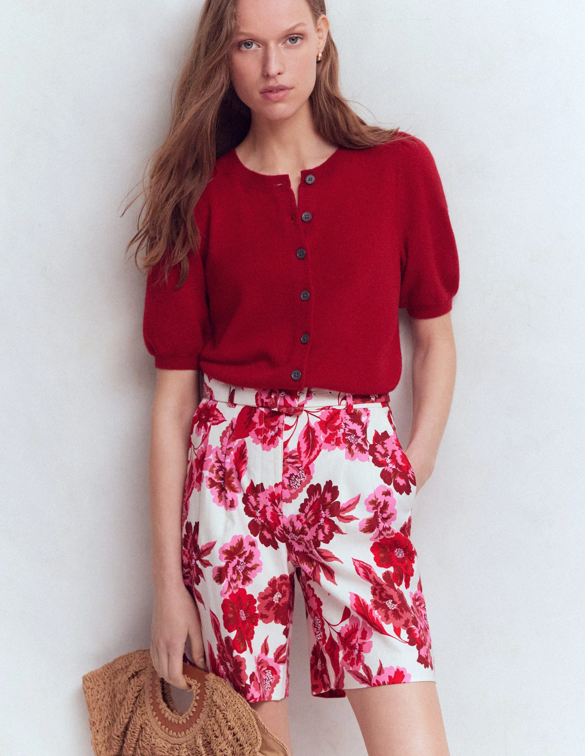 Chelsea Belted Tailored Shorts-Sangria Sunset, Floral Print - Image 6