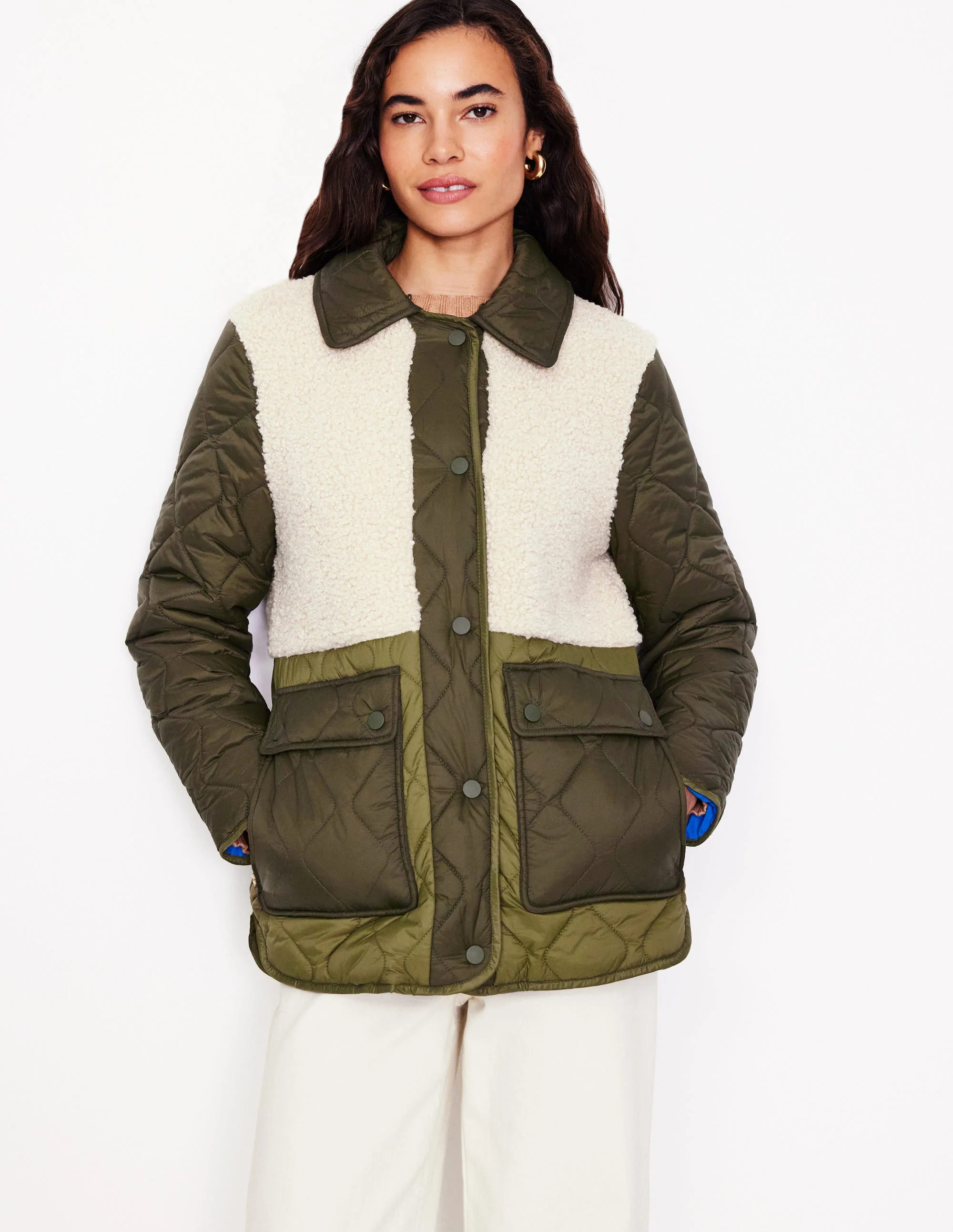 Chester Quilted Borg Coat-Winter Moss, Ivory - Image 2