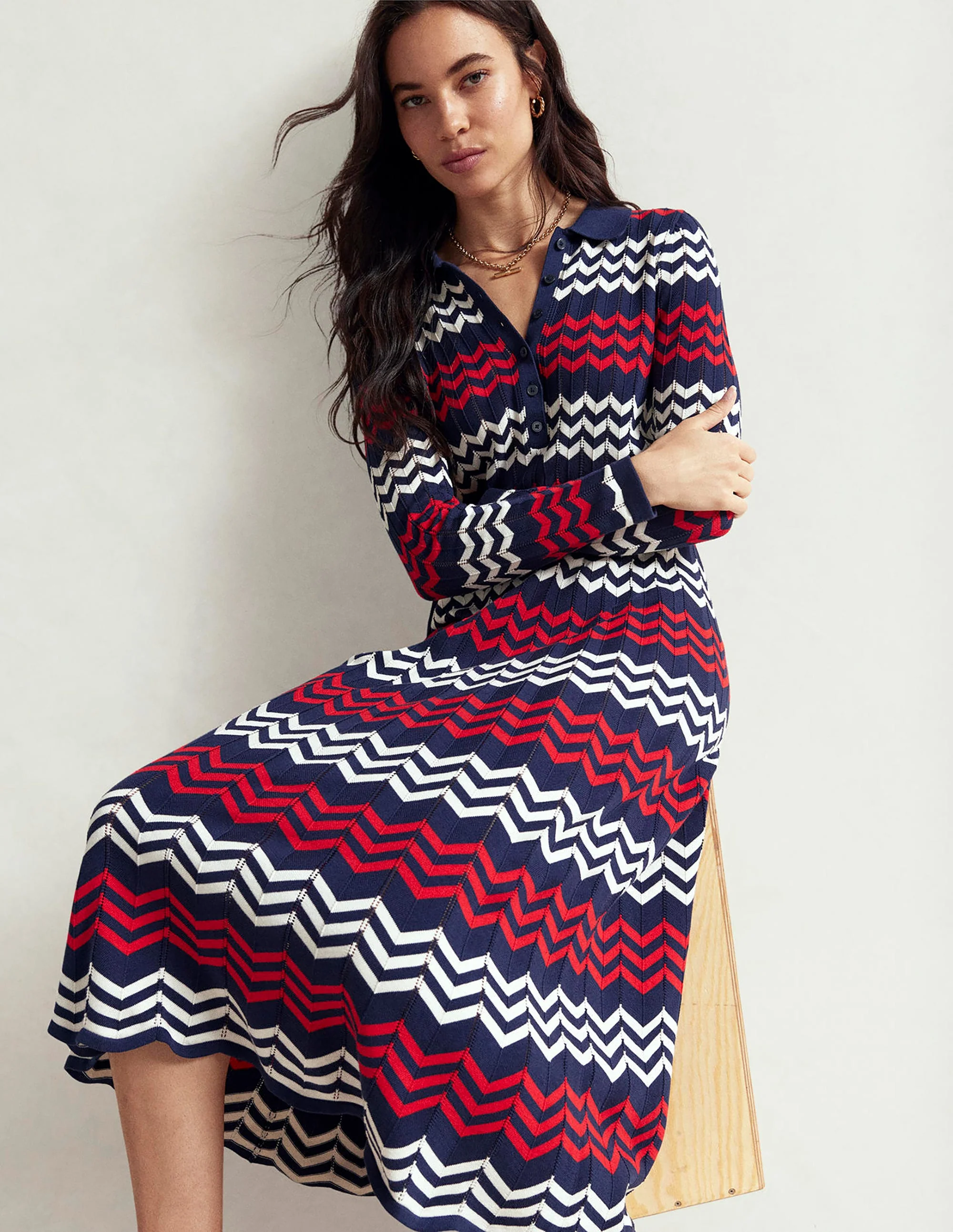 Chevron Stitch Midi Dress-Navy, Red and Ivory Chevron - Image 2