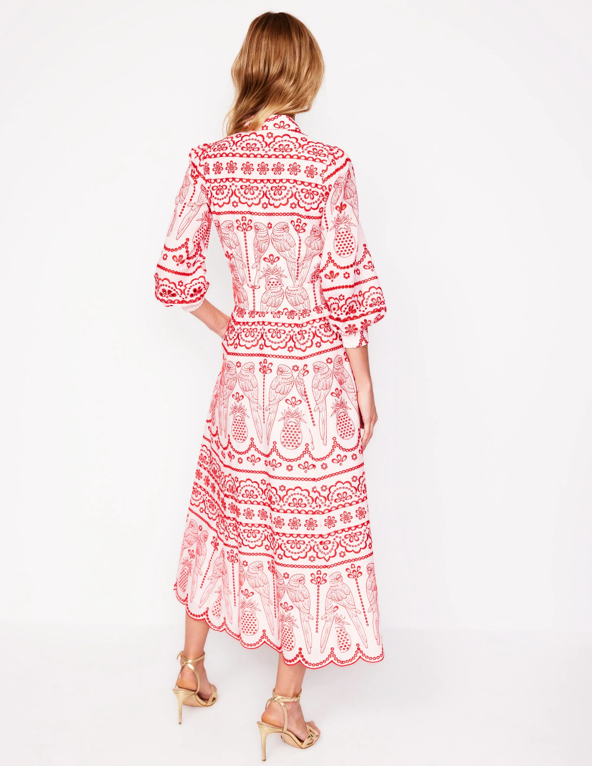 Clara Broderie Shirt Dress-Poppy Red, Parrot Broderie - Image 3