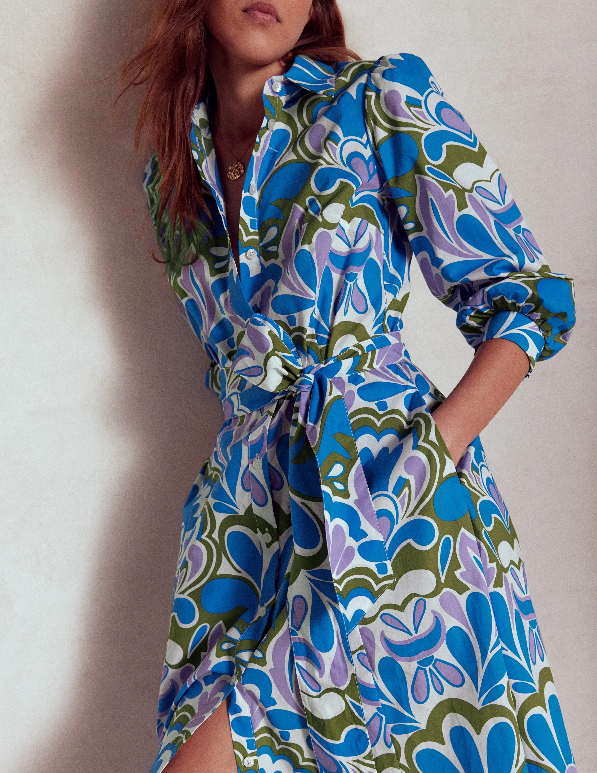 Clara Cotton Shirt Dress-Kingfisher Blue, Freesia Stamp - Image 4