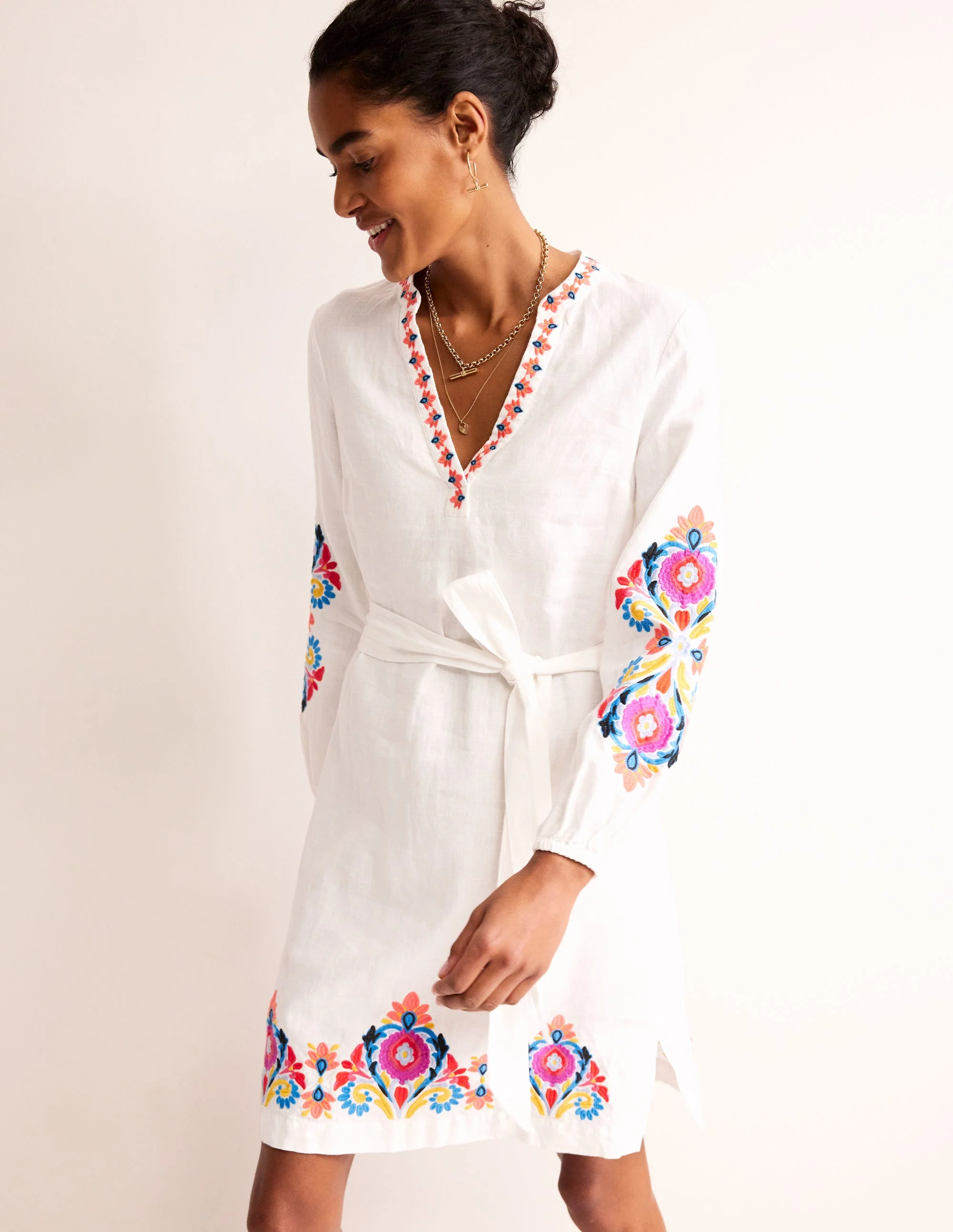 Cleo Embroidered Linen Dress-White Embroidered
