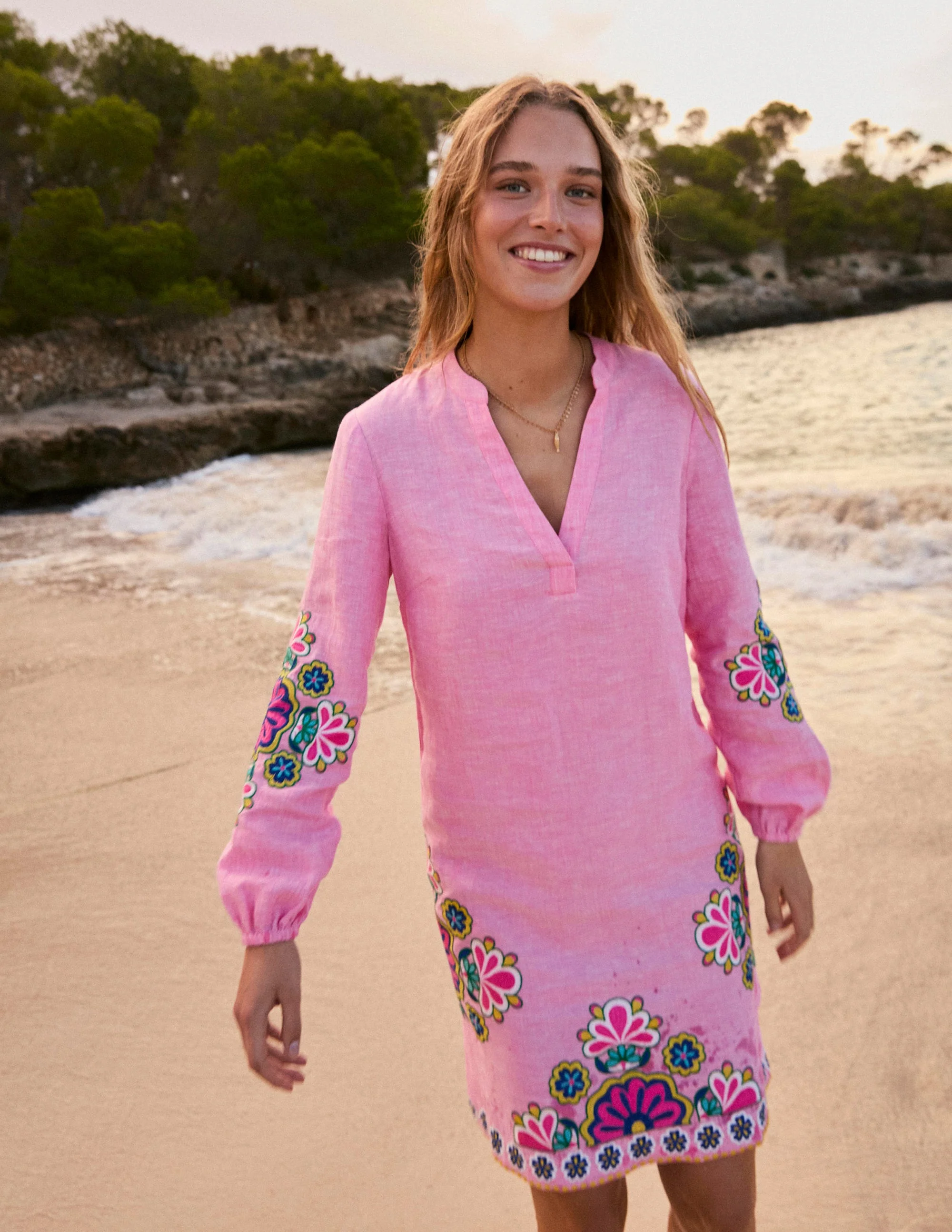 Cleo Linen Tie Waist Dress-Pink Chambray Embroidery - Image 2