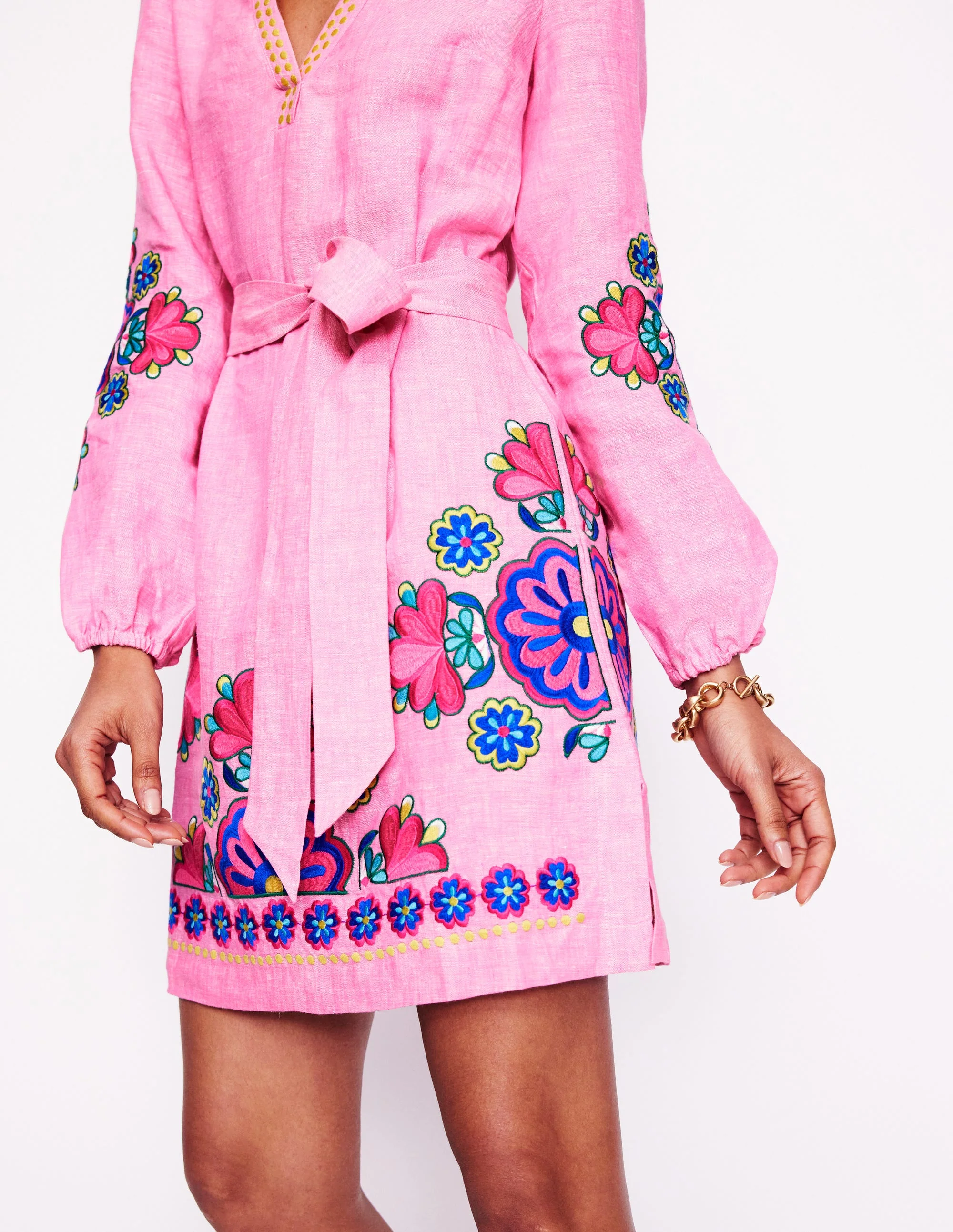 Cleo Linen Tie Waist Dress-Pink Chambray Embroidery - Image 3