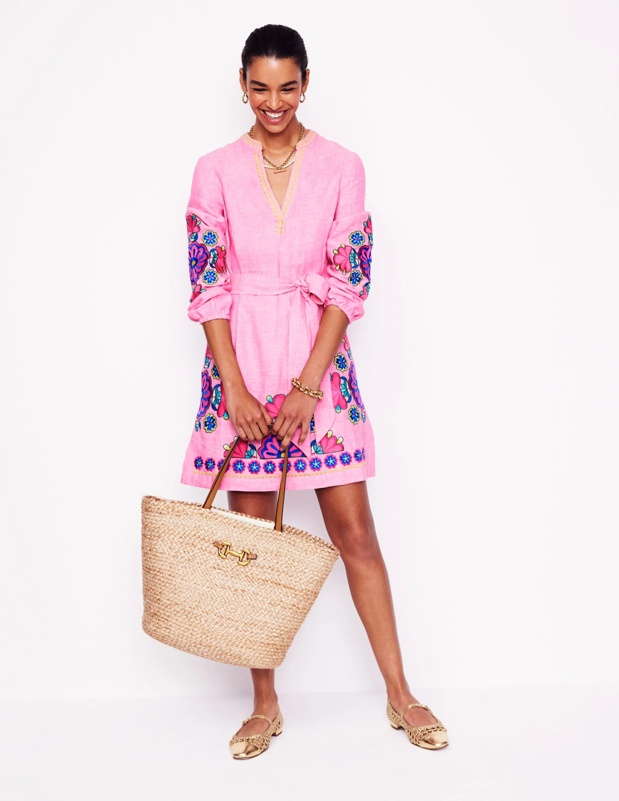 Cleo Linen Tie Waist Dress-Pink Chambray Embroidery - Image 5