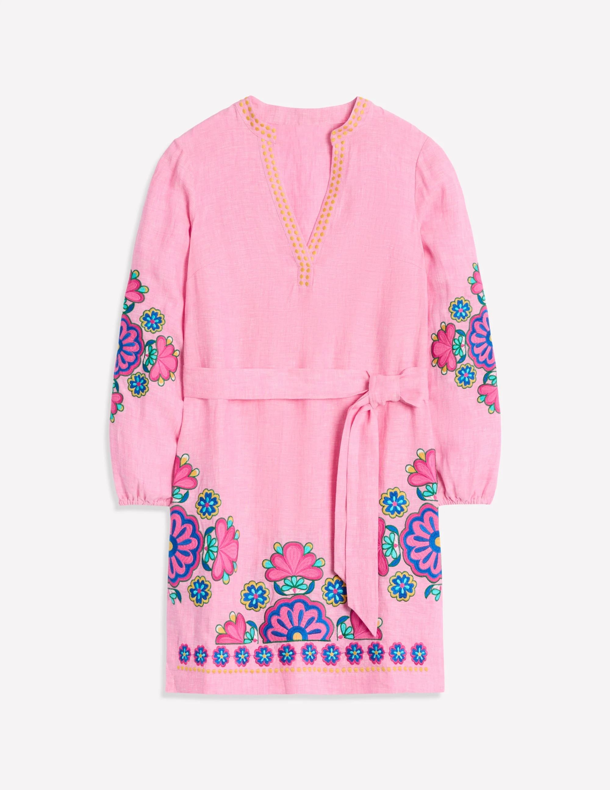 Cleo Linen Tie Waist Dress-Pink Chambray Embroidery - Image 6