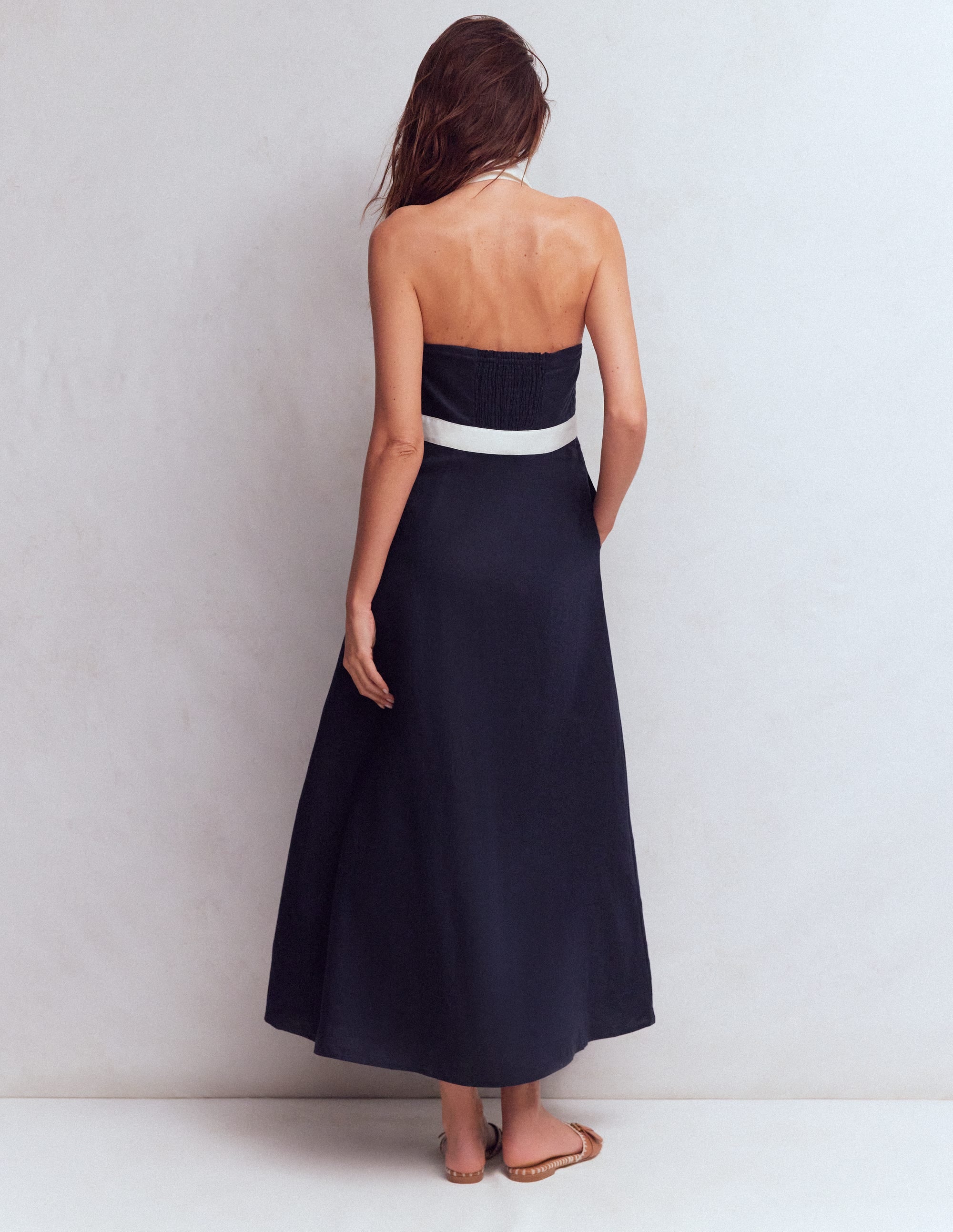 Collar Halter Neck Linen Dress-Navy Ivory - Image 3