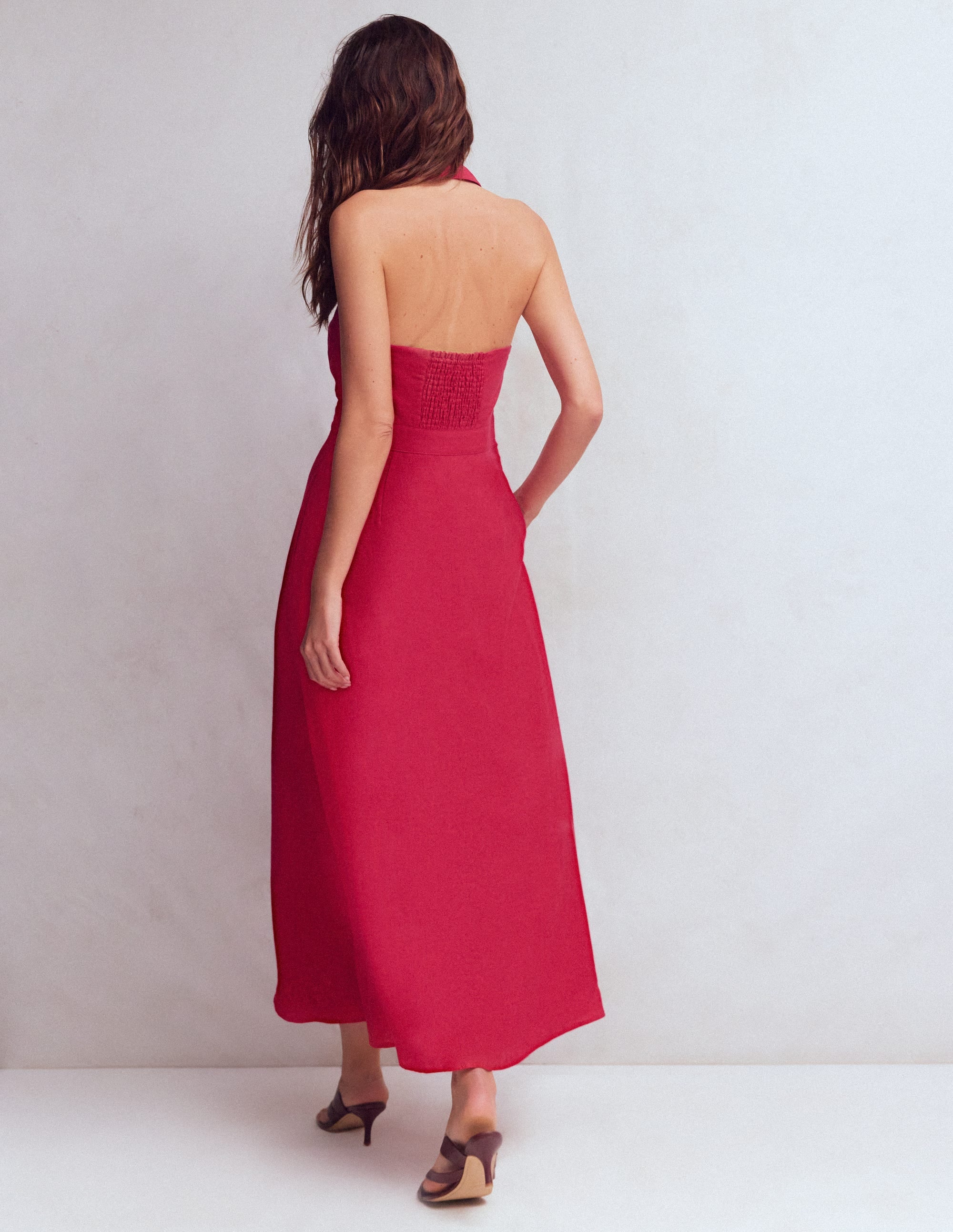 Collar Halter Neck Linen Dress-Pomegranate - Image 3