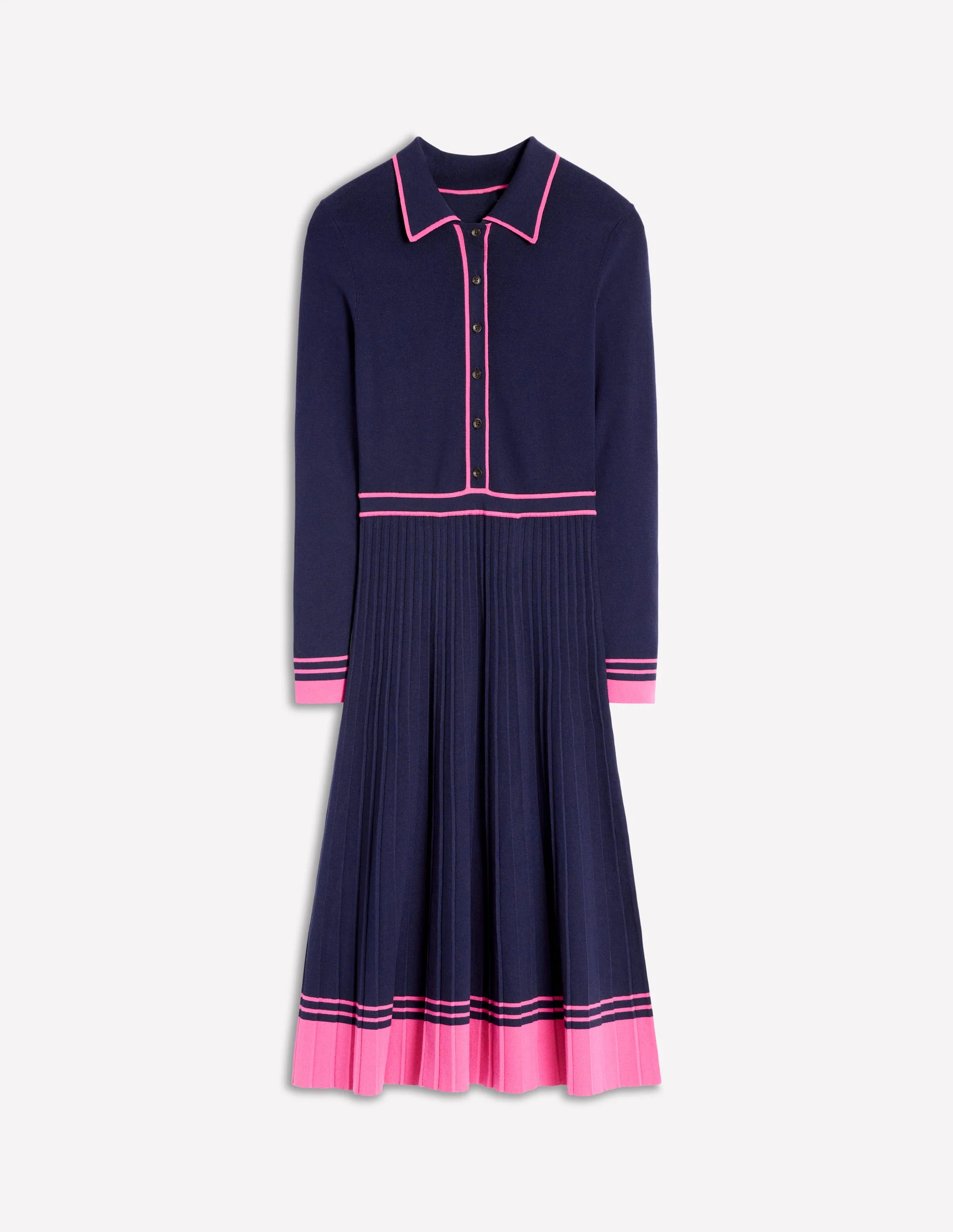 Collared Pleated Knitted Dress-Navy/Pink Colourblock - Image 5
