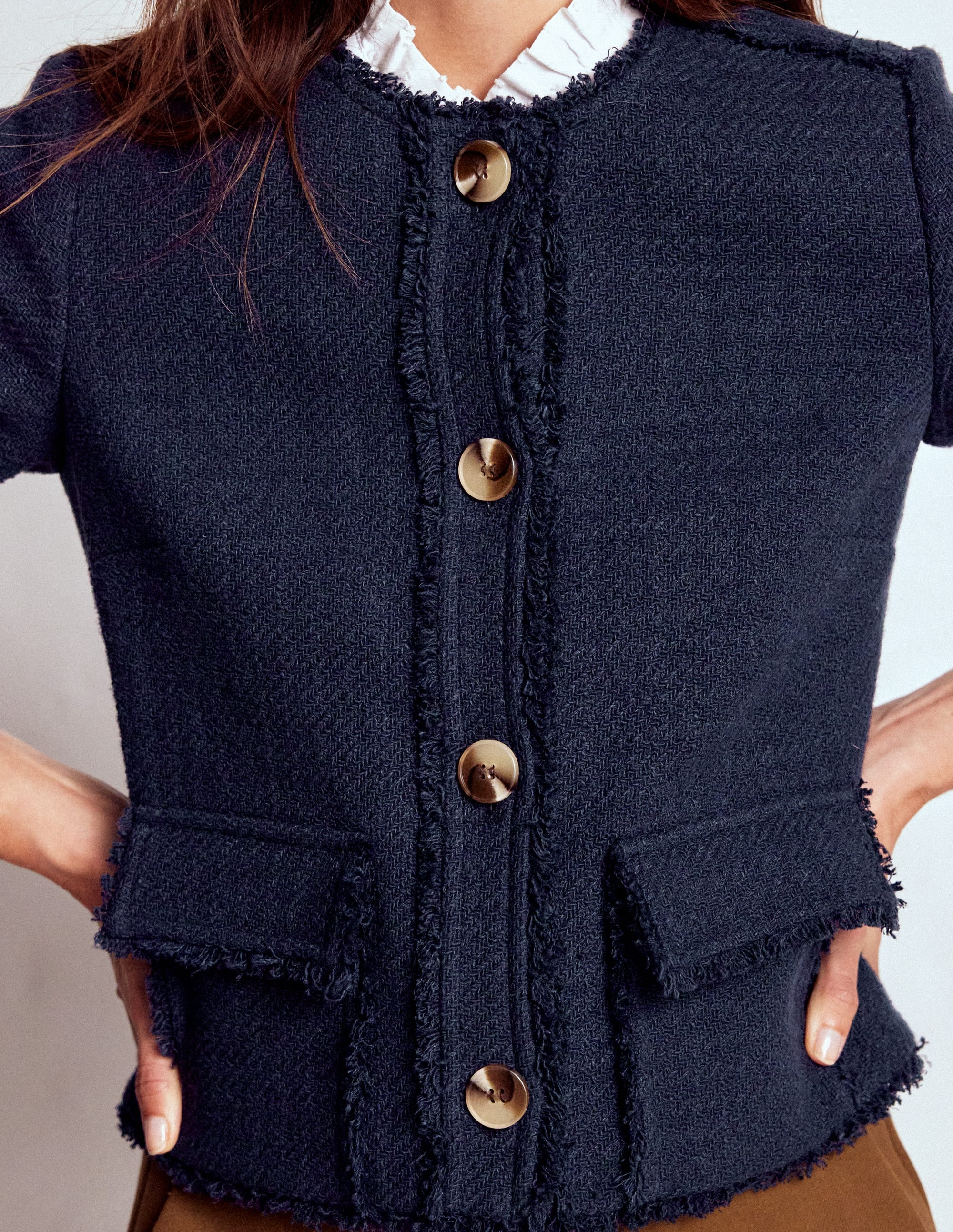 Collarless Textured Jacket-Navy - Image 4
