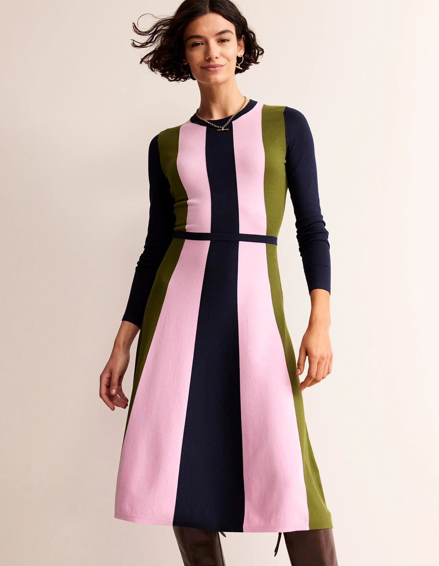 Colour Block Knitted Dress-Navy, Moss, Mauve Mist - Image 2
