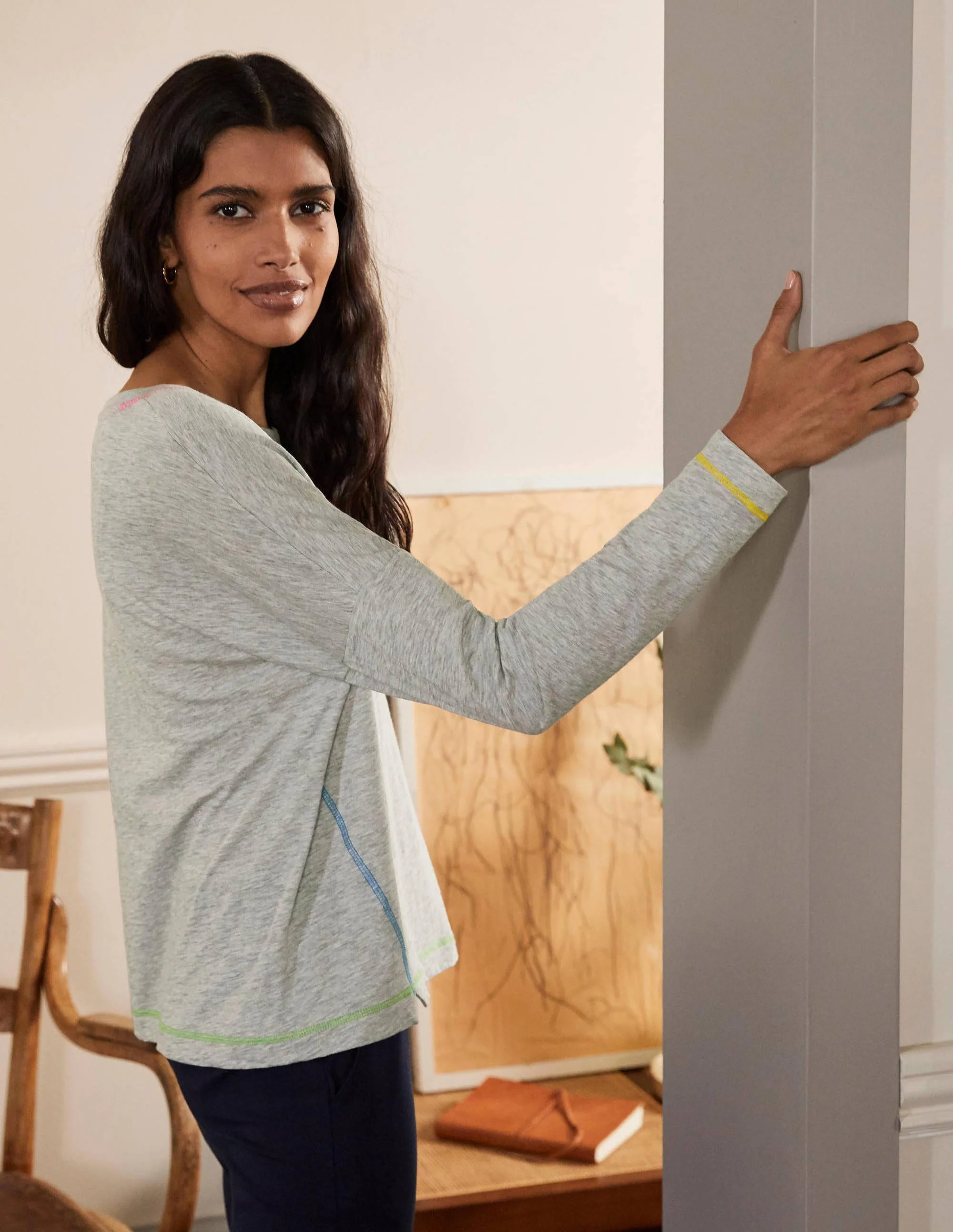 Contrast Stitch Jersey Top-Grey Marl - Image 2