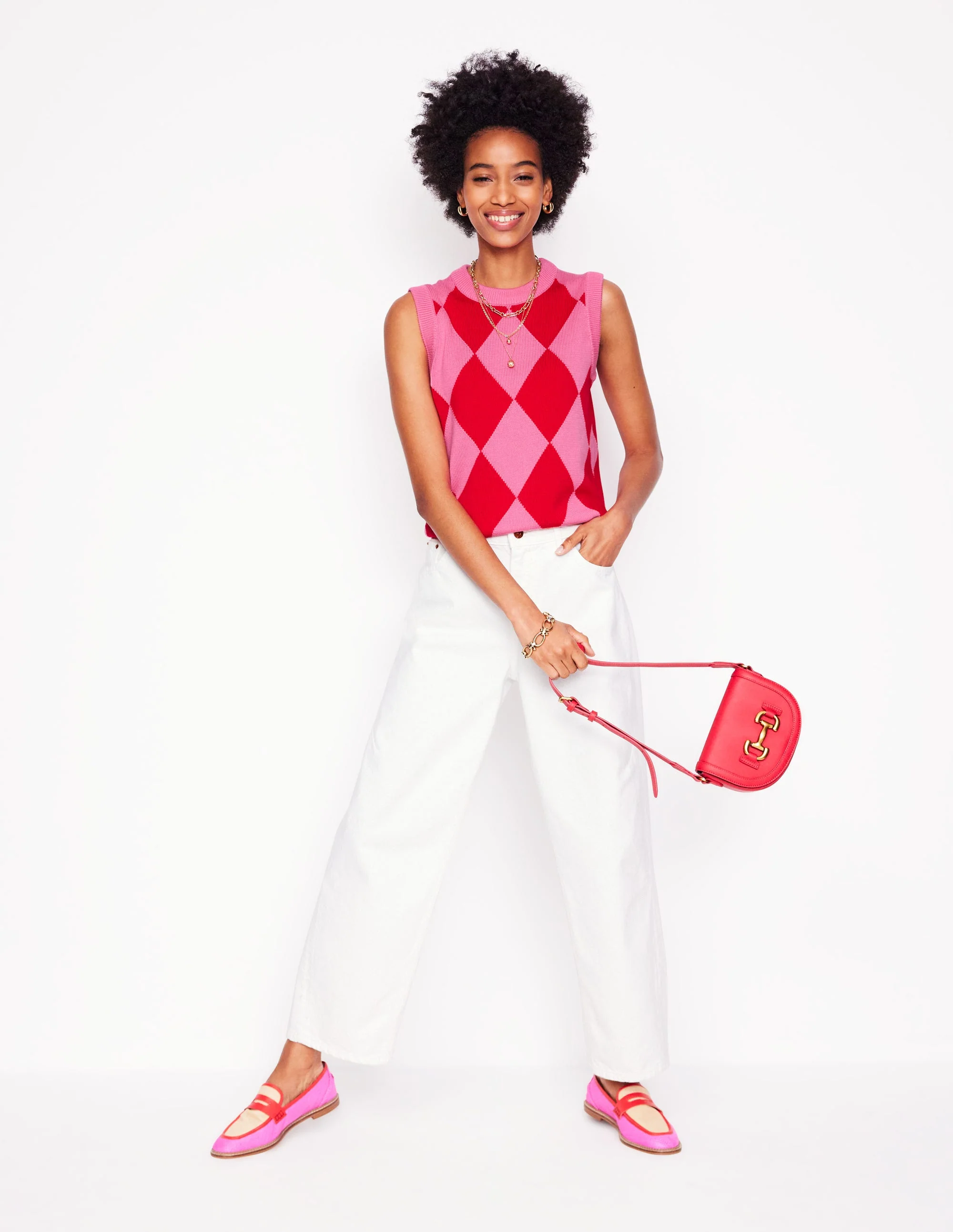 Cotton Argyle Vest-Pink Rose and Poppy Red Argyle