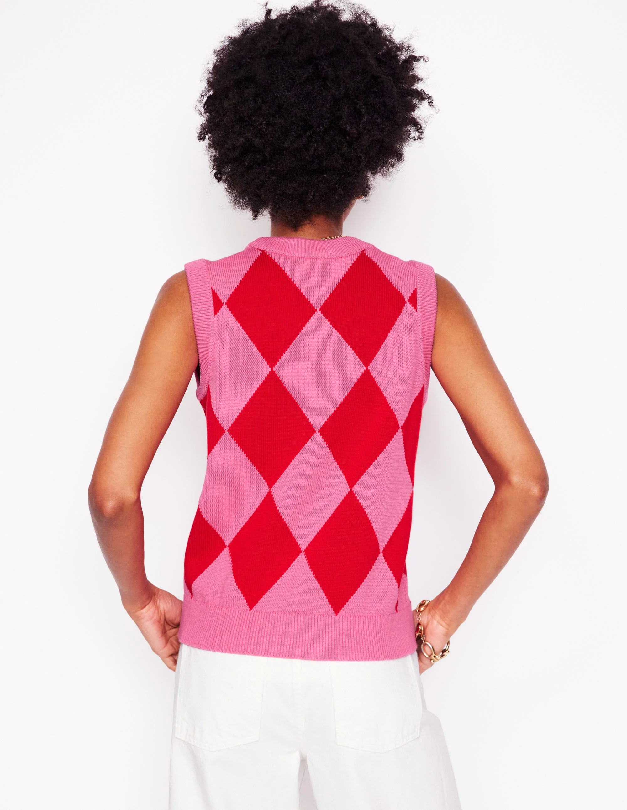 Cotton Argyle Vest-Pink Rose and Poppy Red Argyle - Image 4