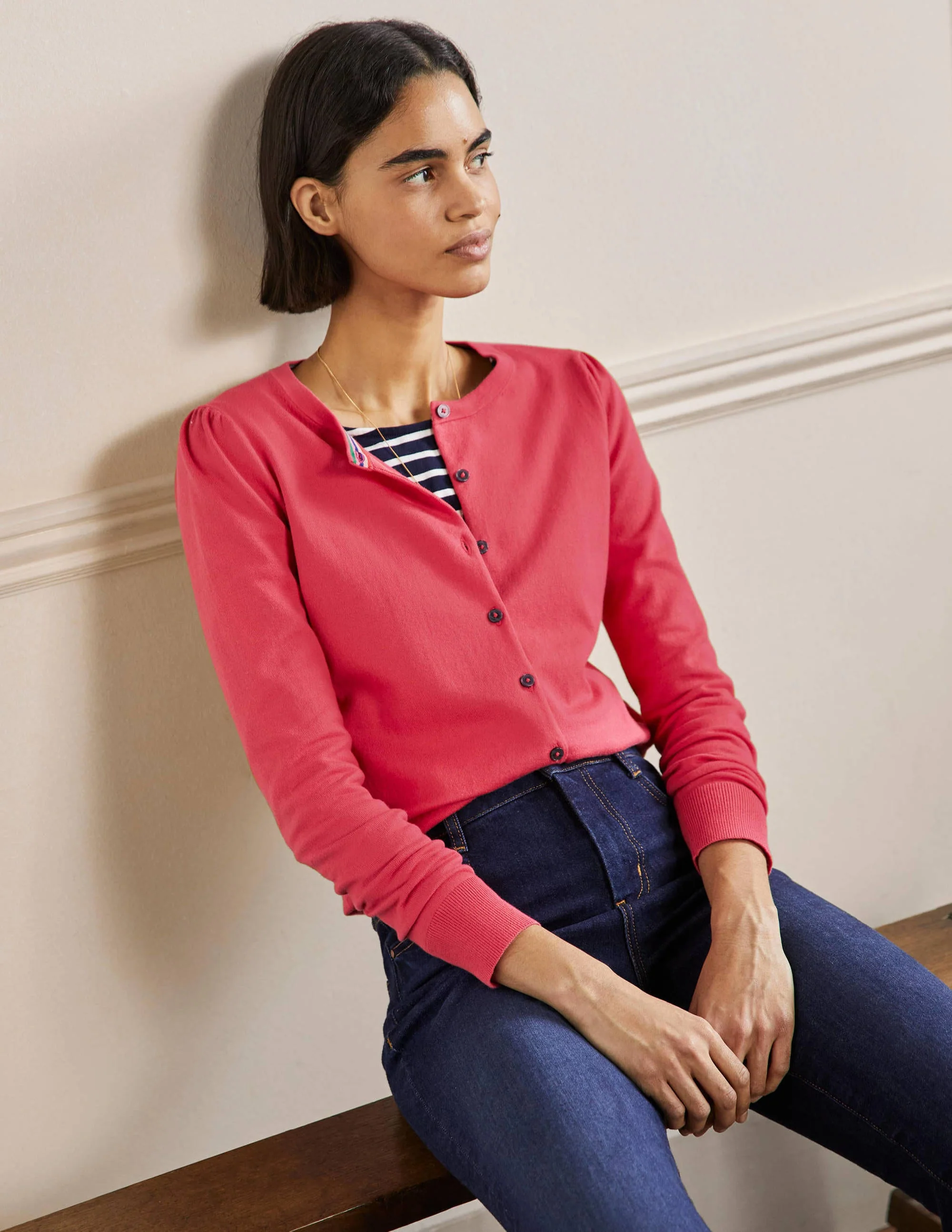 Cotton Crew Neck Cardigan-Radish