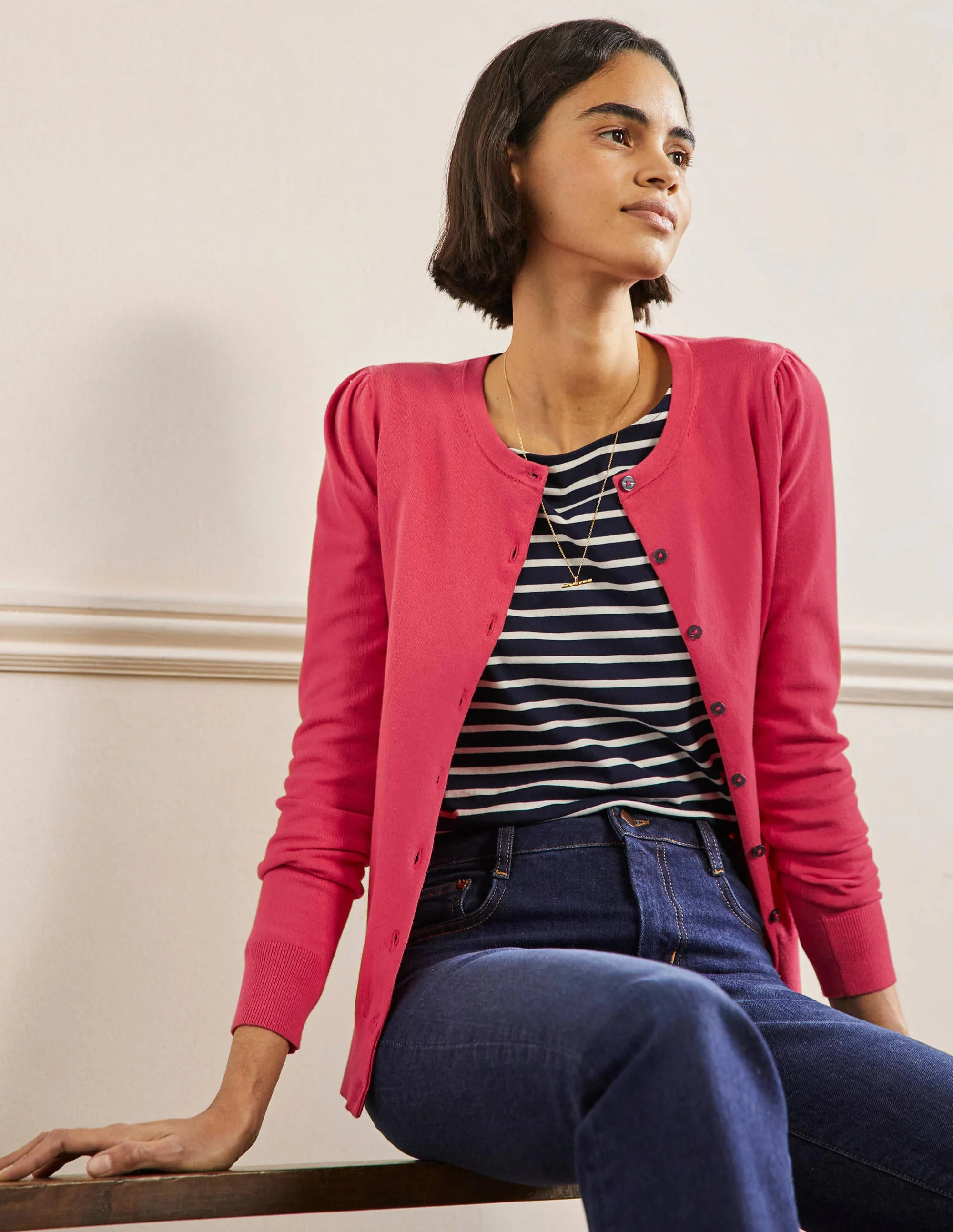 Cotton Crew Neck Cardigan-Radish - Image 5