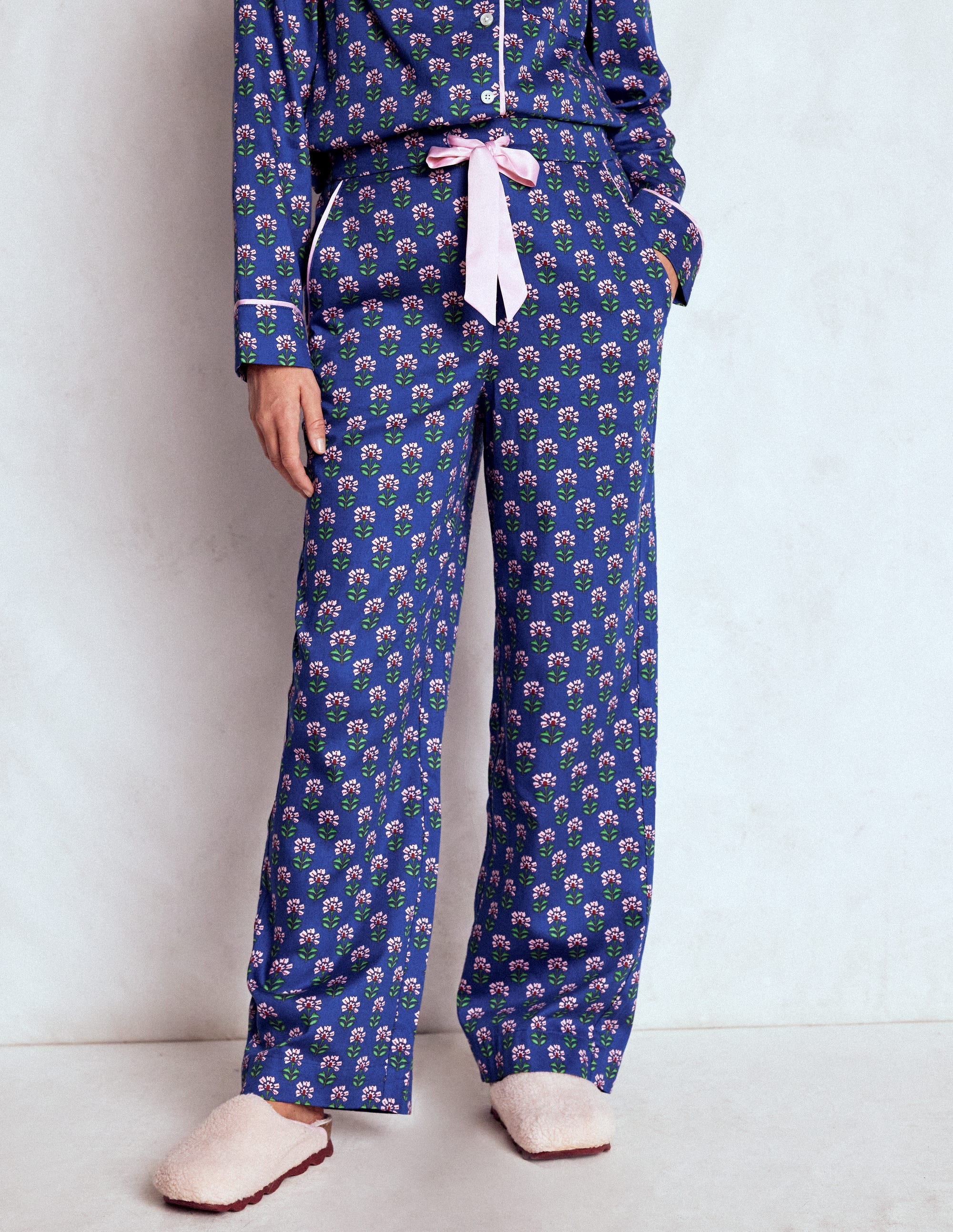 Cotton Pajama Pants-Bright Blue, Woodblock Flower