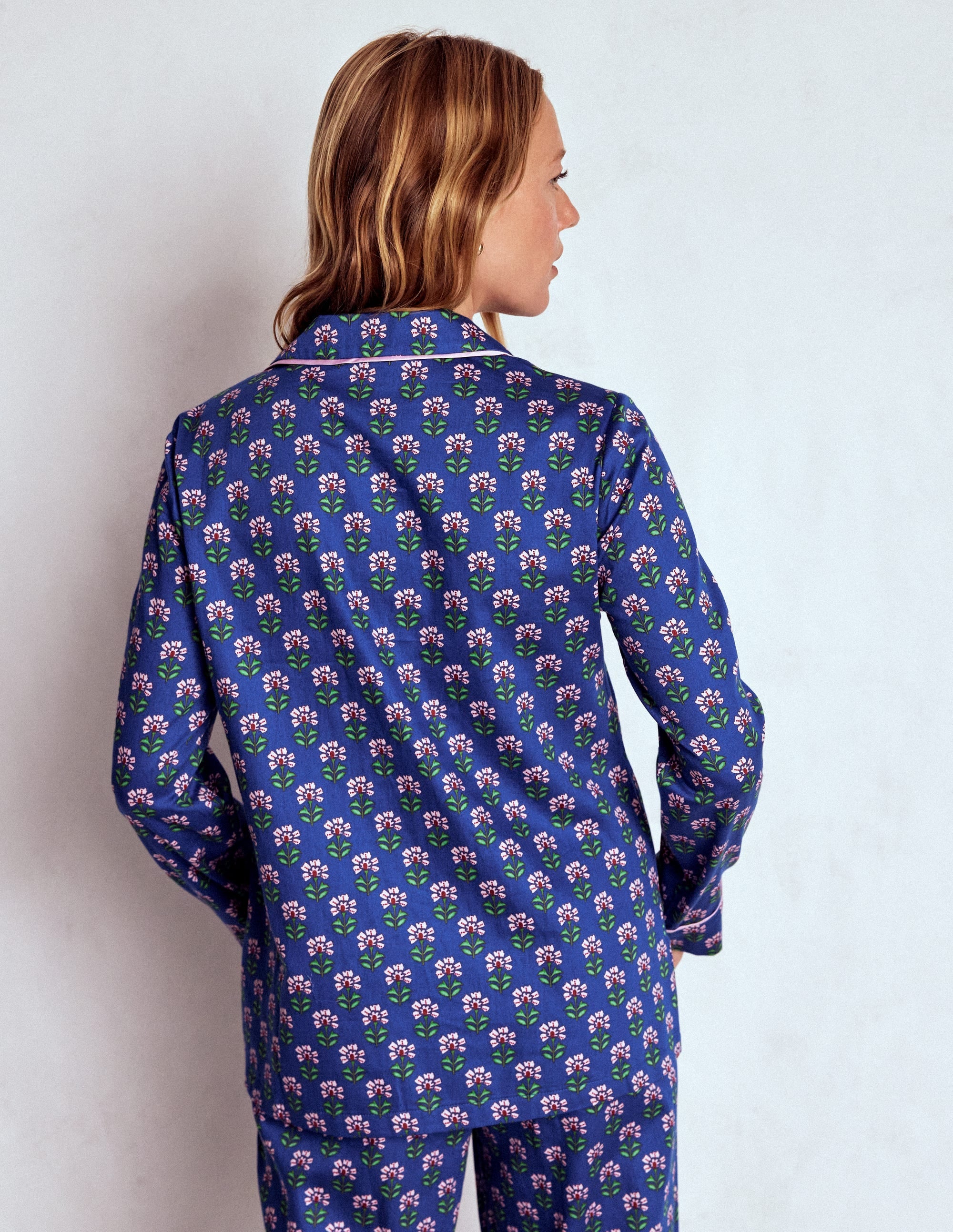 Cotton Pajama Shirt-Bright Blue, Woodblock Flower - Image 3