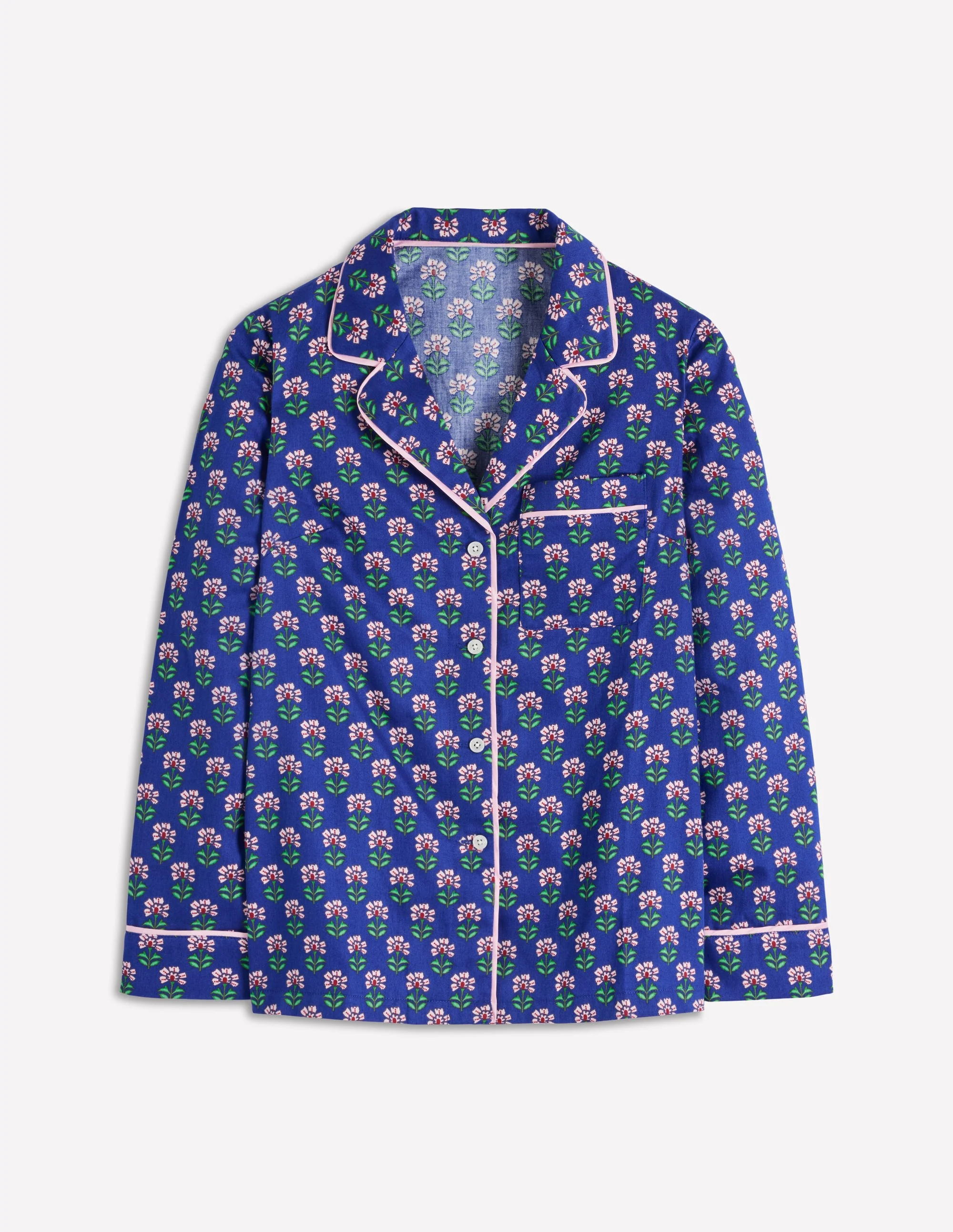 Cotton Pajama Shirt-Bright Blue, Woodblock Flower - Image 5
