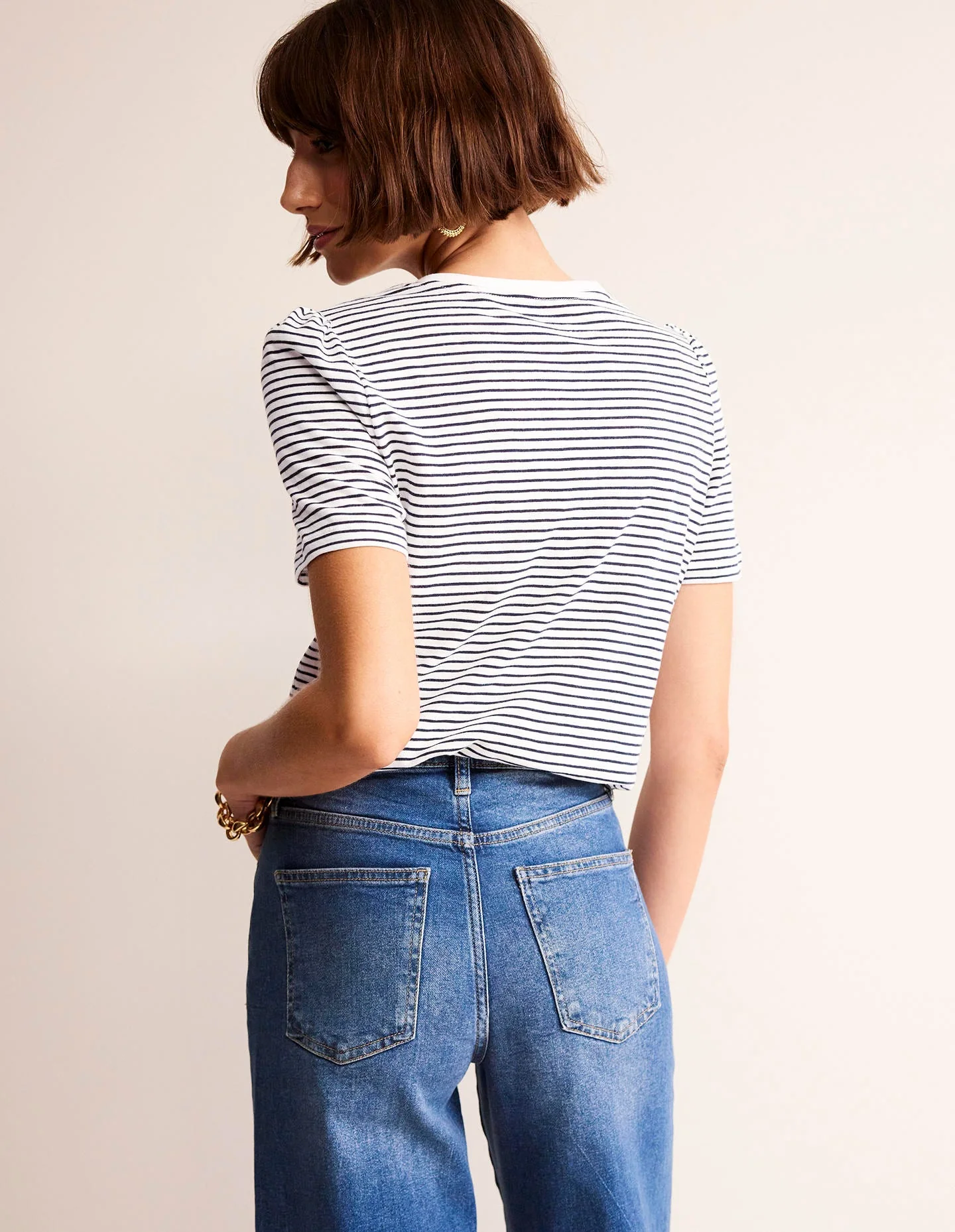 Cotton Puff Sleeve T-Shirt-Ivory, Navy Stripe - Image 3
