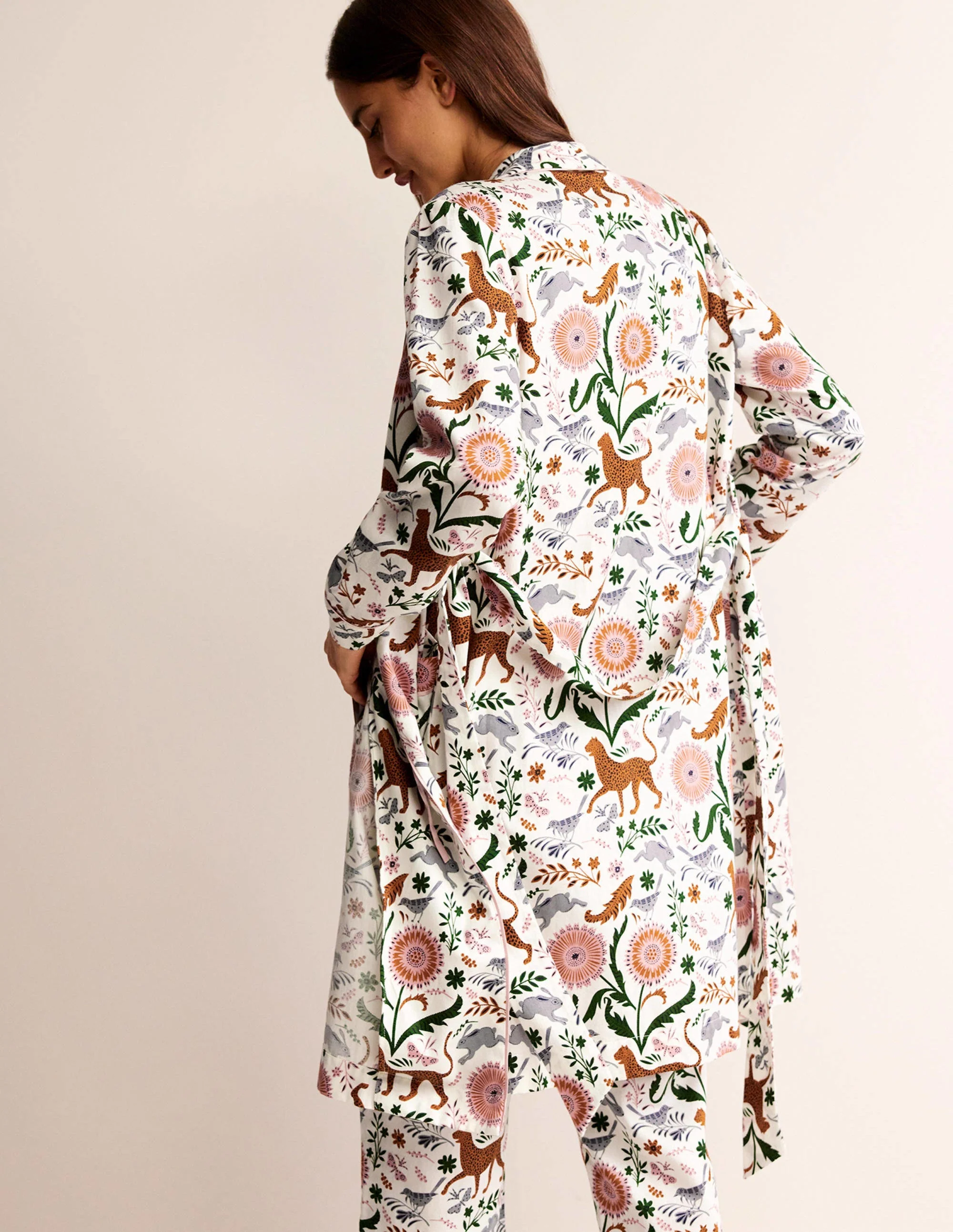 Cotton-Sateen Dressing Gown-Ivory, Jungle Flora - Image 3