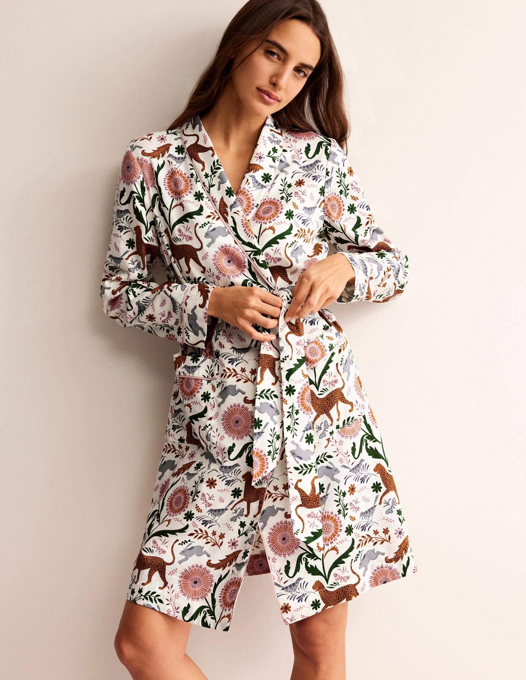 Cotton-Sateen Dressing Gown-Ivory, Jungle Flora - Image 4