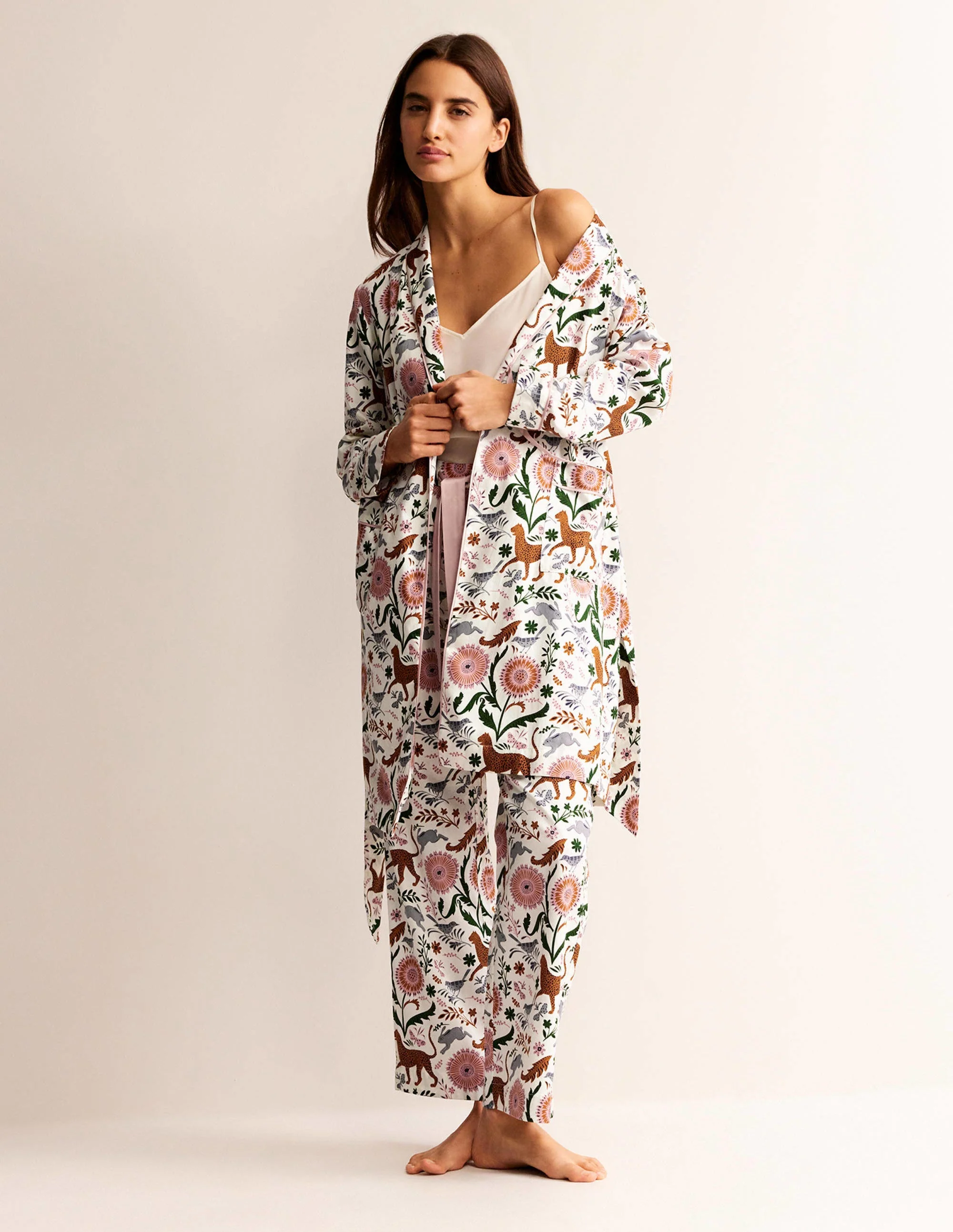 Cotton-Sateen Dressing Gown-Ivory, Jungle Flora - Image 5