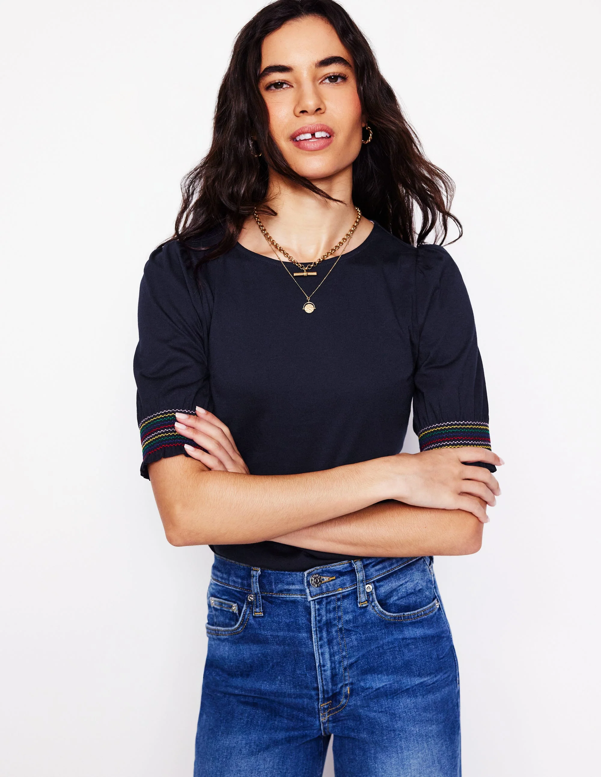 Cotton Smocked Cuff Top-Navy