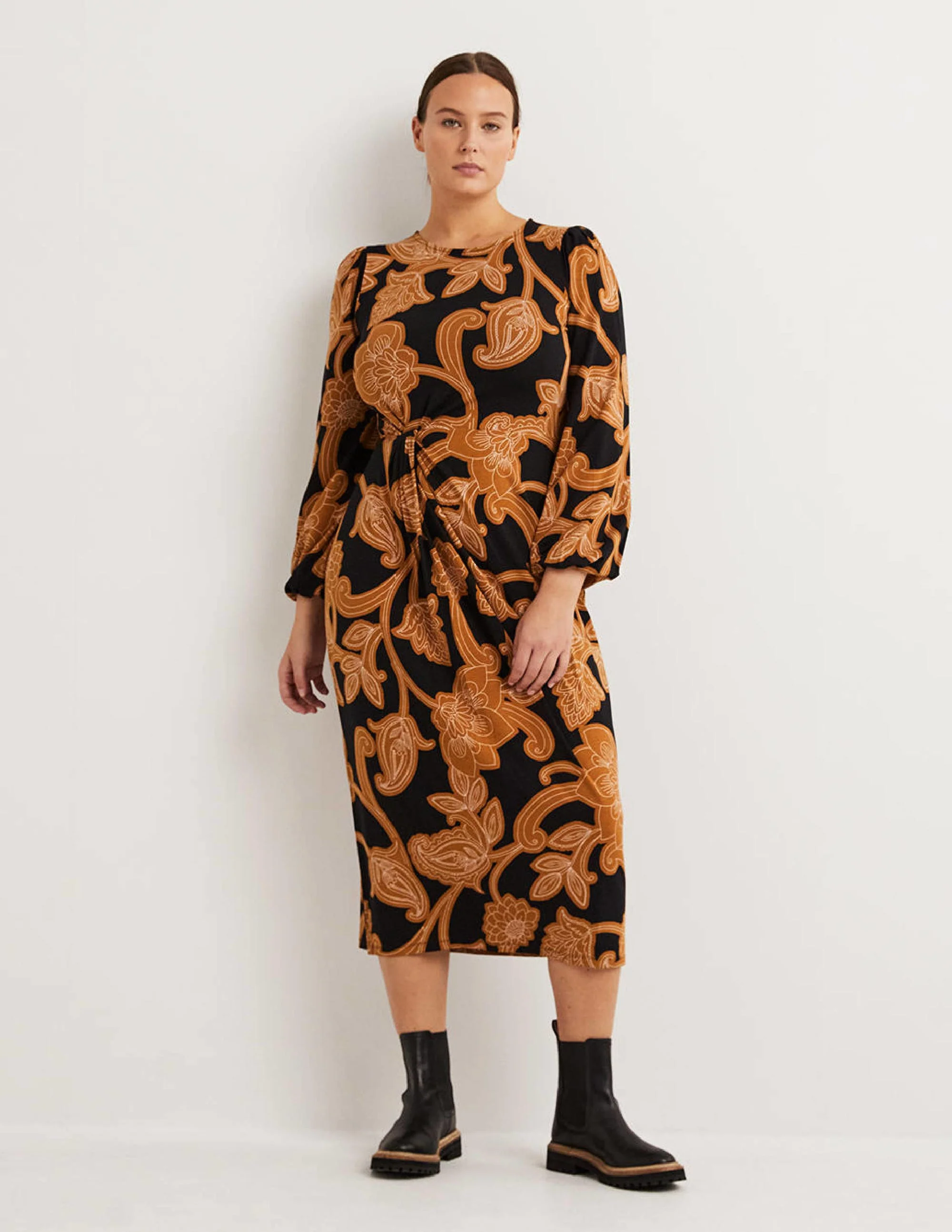 Crew Neck Knot Detail Dress-Butterscotch, Paisley Whirl