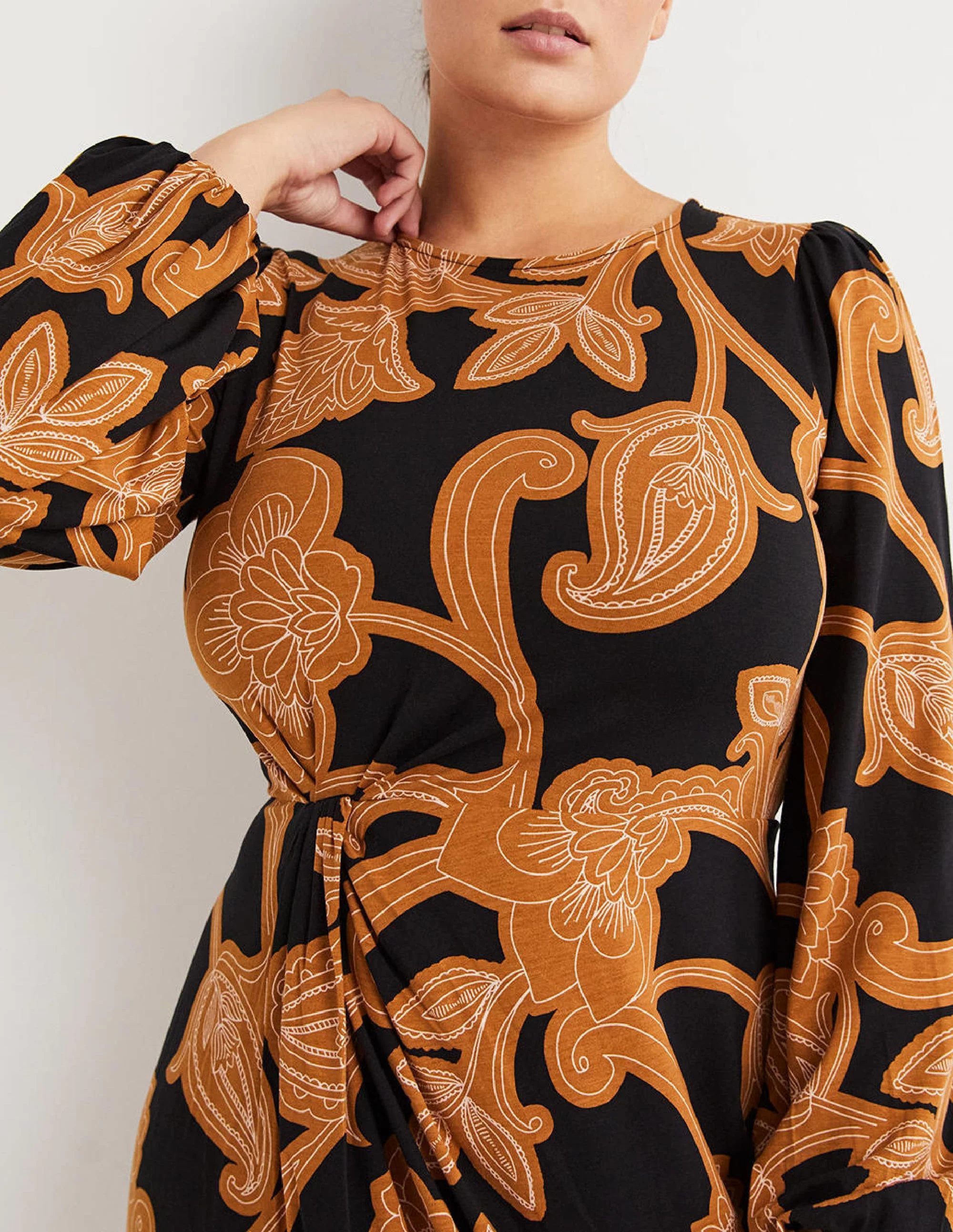 Crew Neck Knot Detail Dress-Butterscotch, Paisley Whirl - Image 3