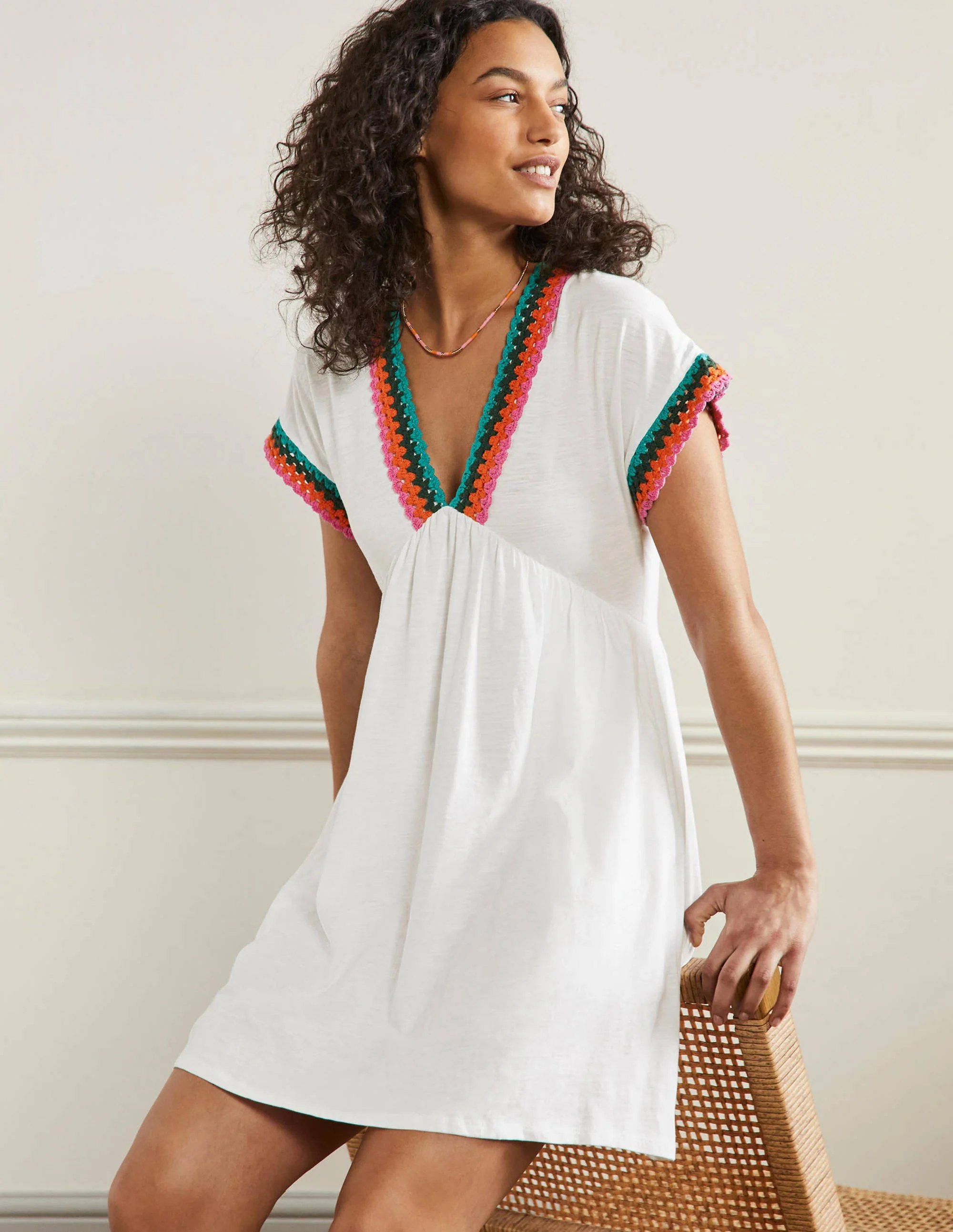 Crochet Trim Jersey Dress-White - Image 4