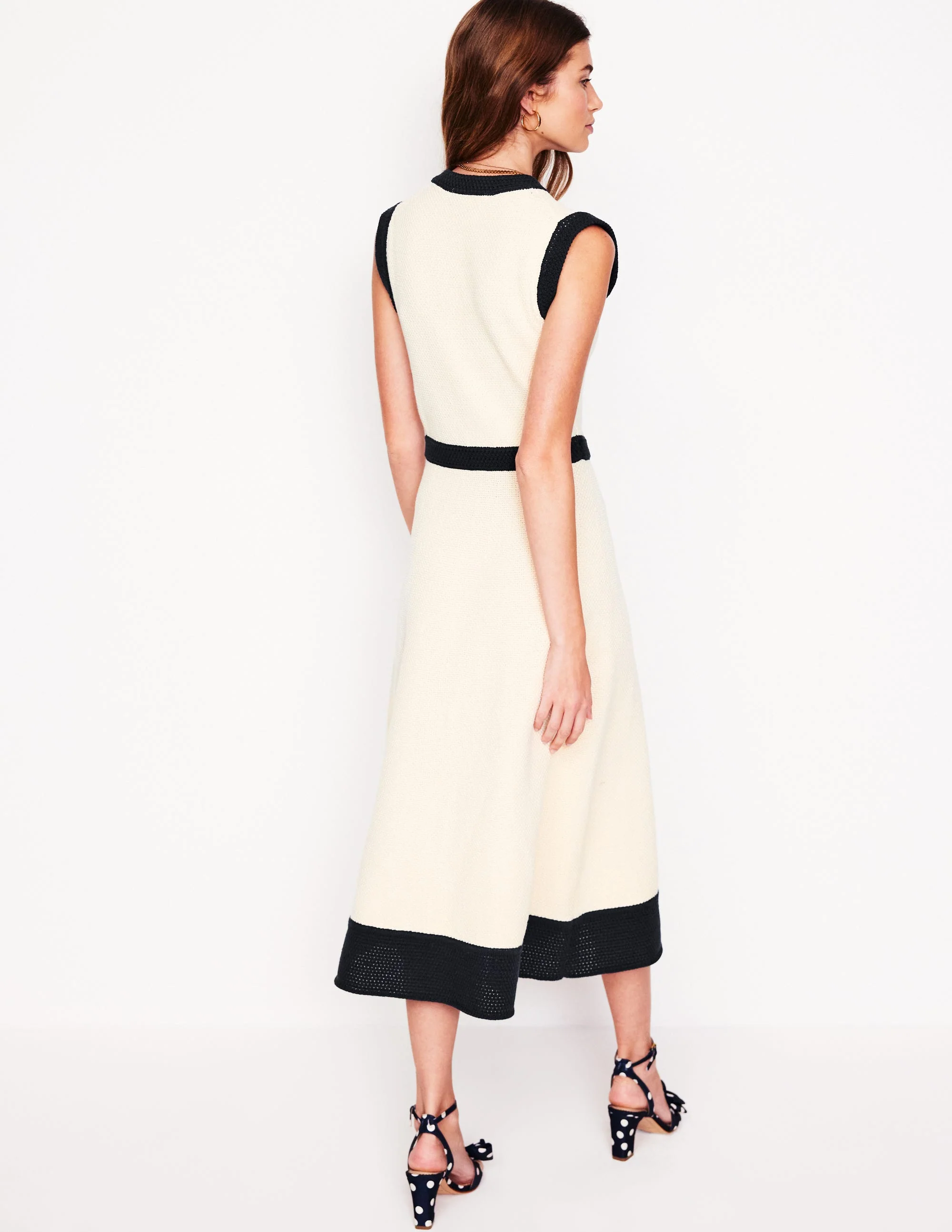 Crochet Trim Knitted Dress-Ivory, Navy - Image 4