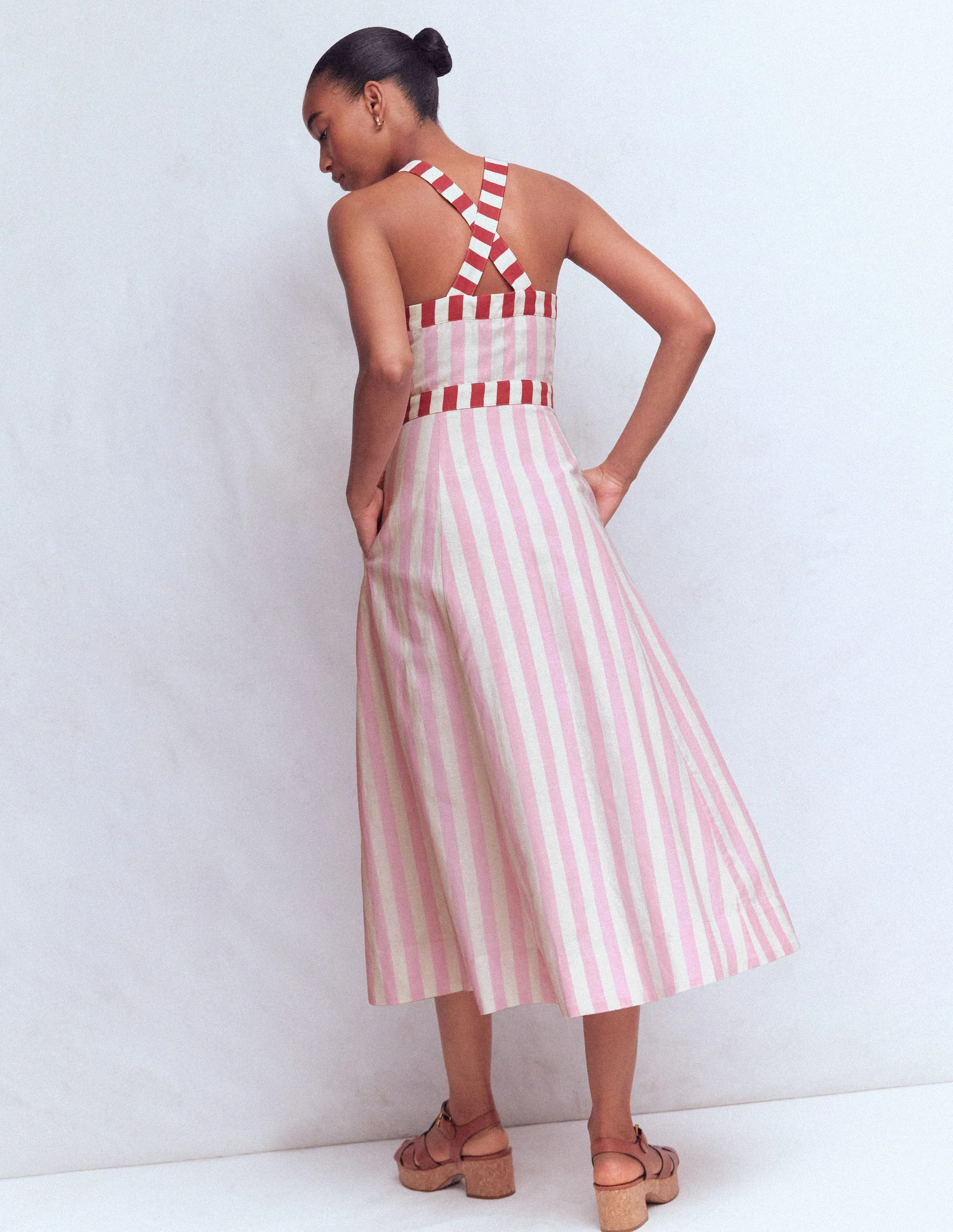 Cross-back Linen Blend Dress-Orchid Pink Stripe - Image 3