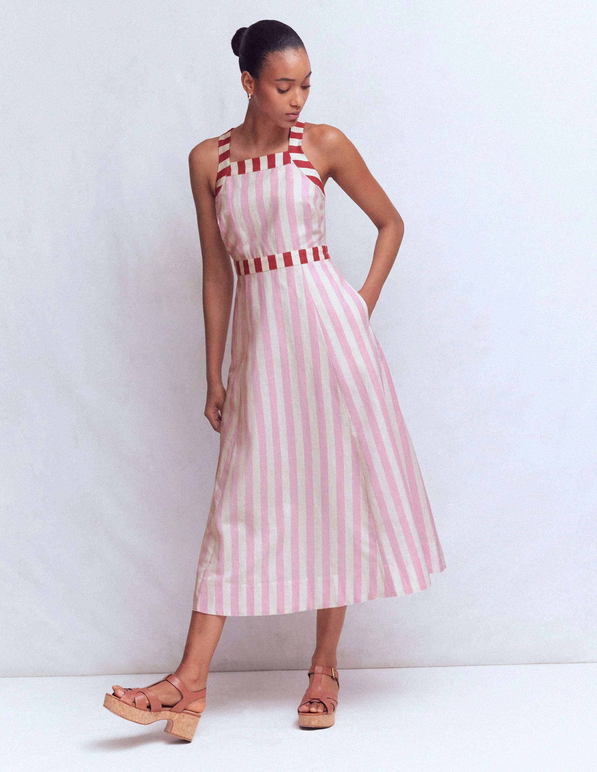 Cross-back Linen Blend Dress-Orchid Pink Stripe - Image 4
