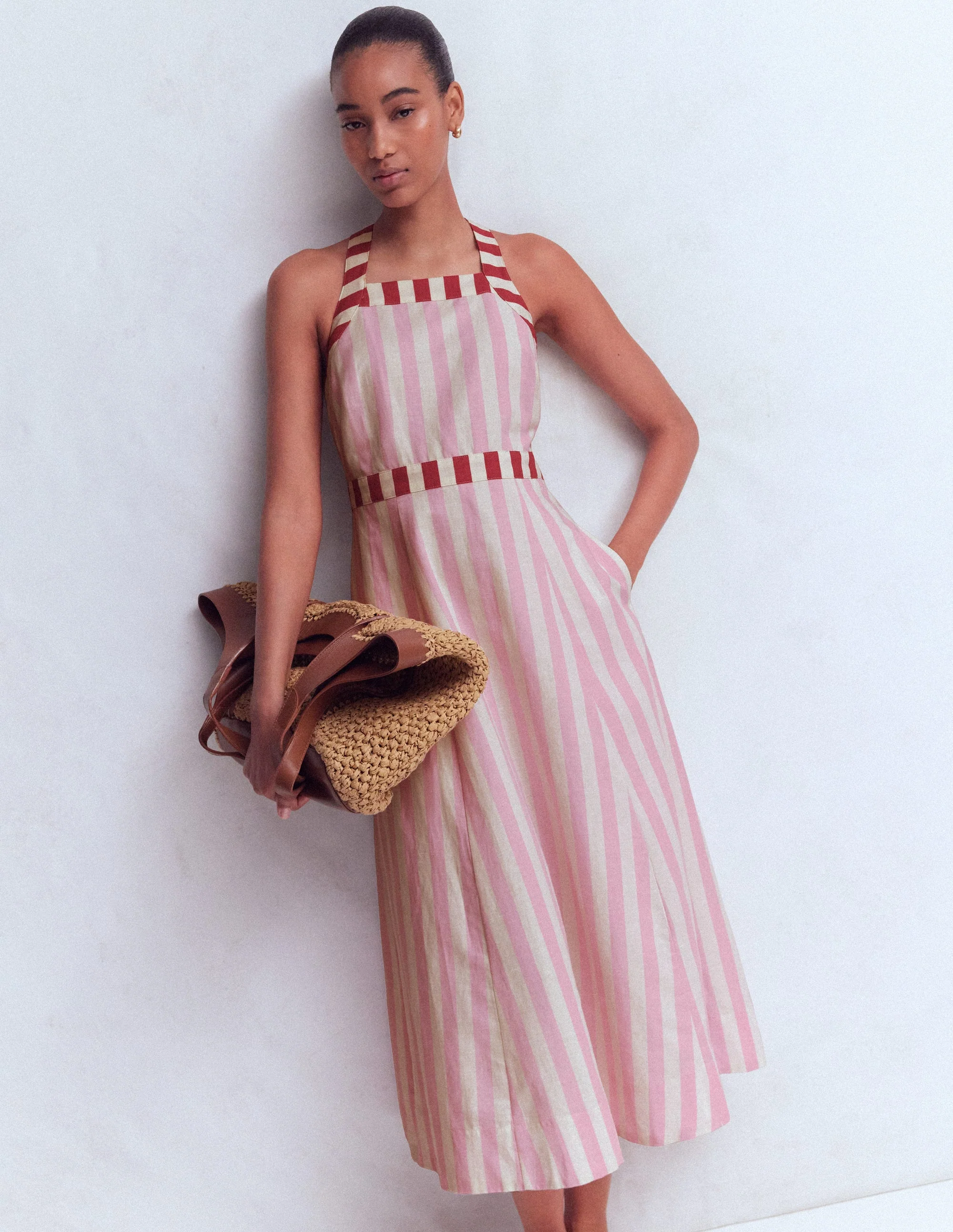 Cross-back Linen Blend Dress-Orchid Pink Stripe - Image 5