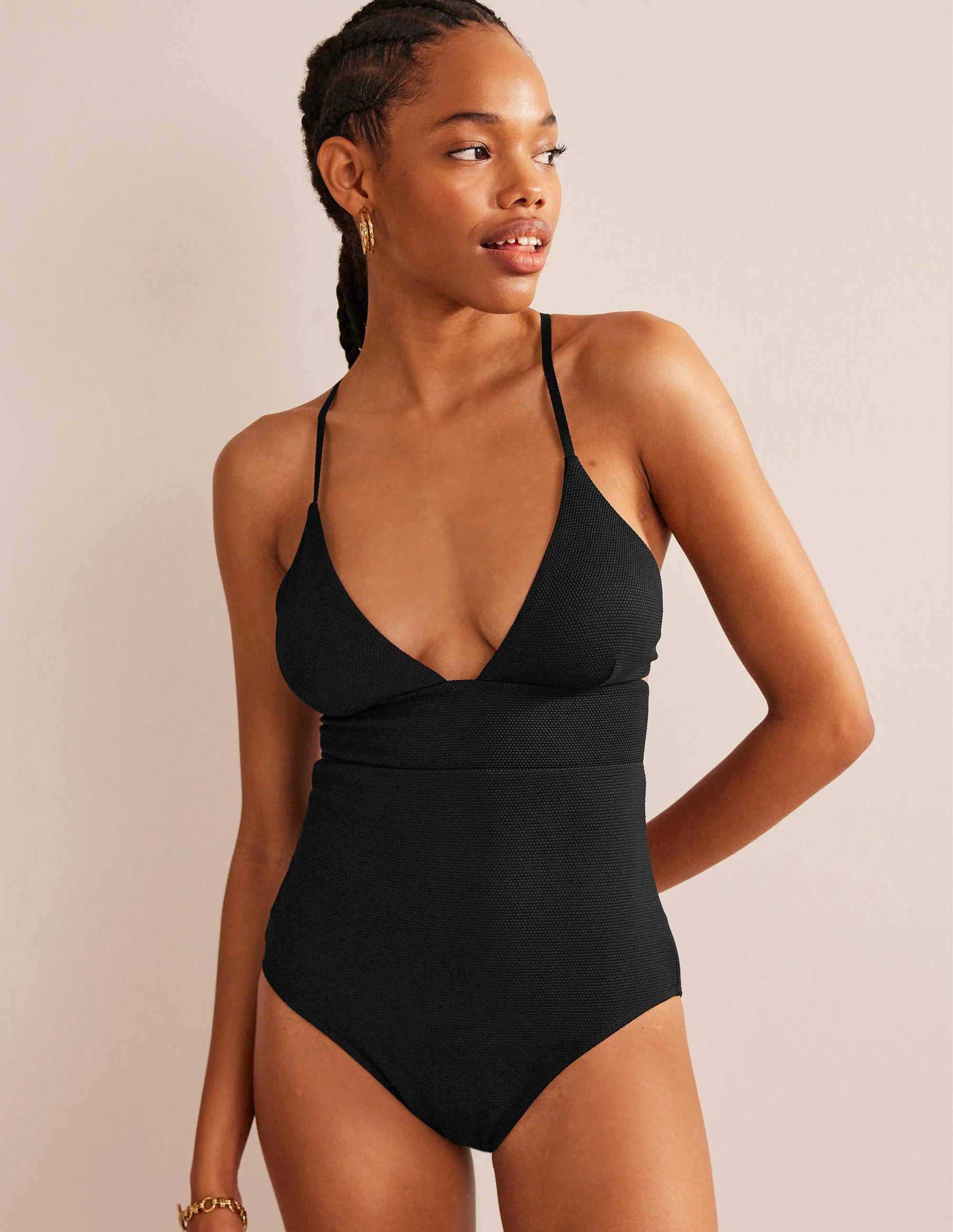 Cutout Cross Back Swimsuit-Black, Honeycomb Texture