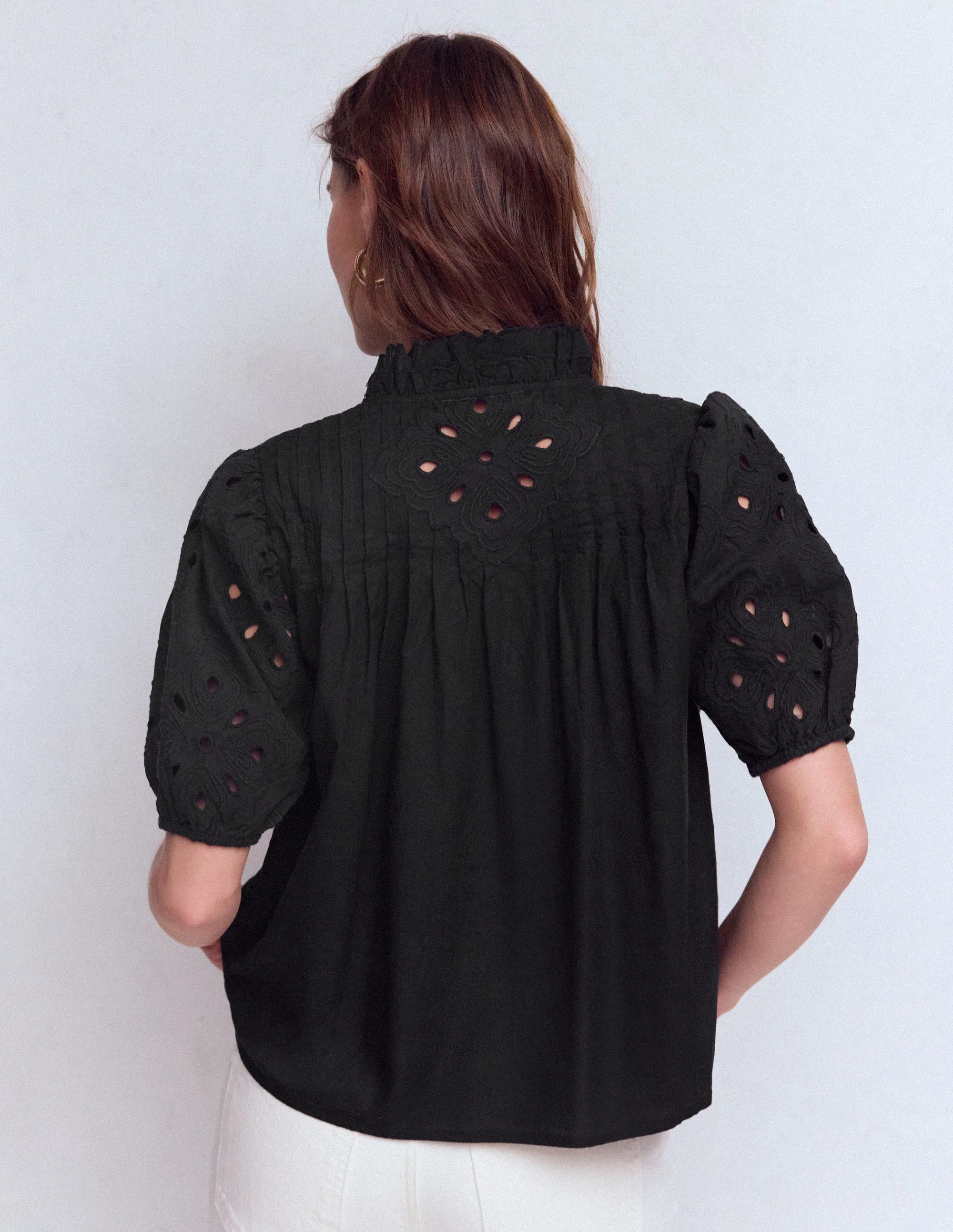 Cutwork Puff Sleeve Top-Black - Image 3