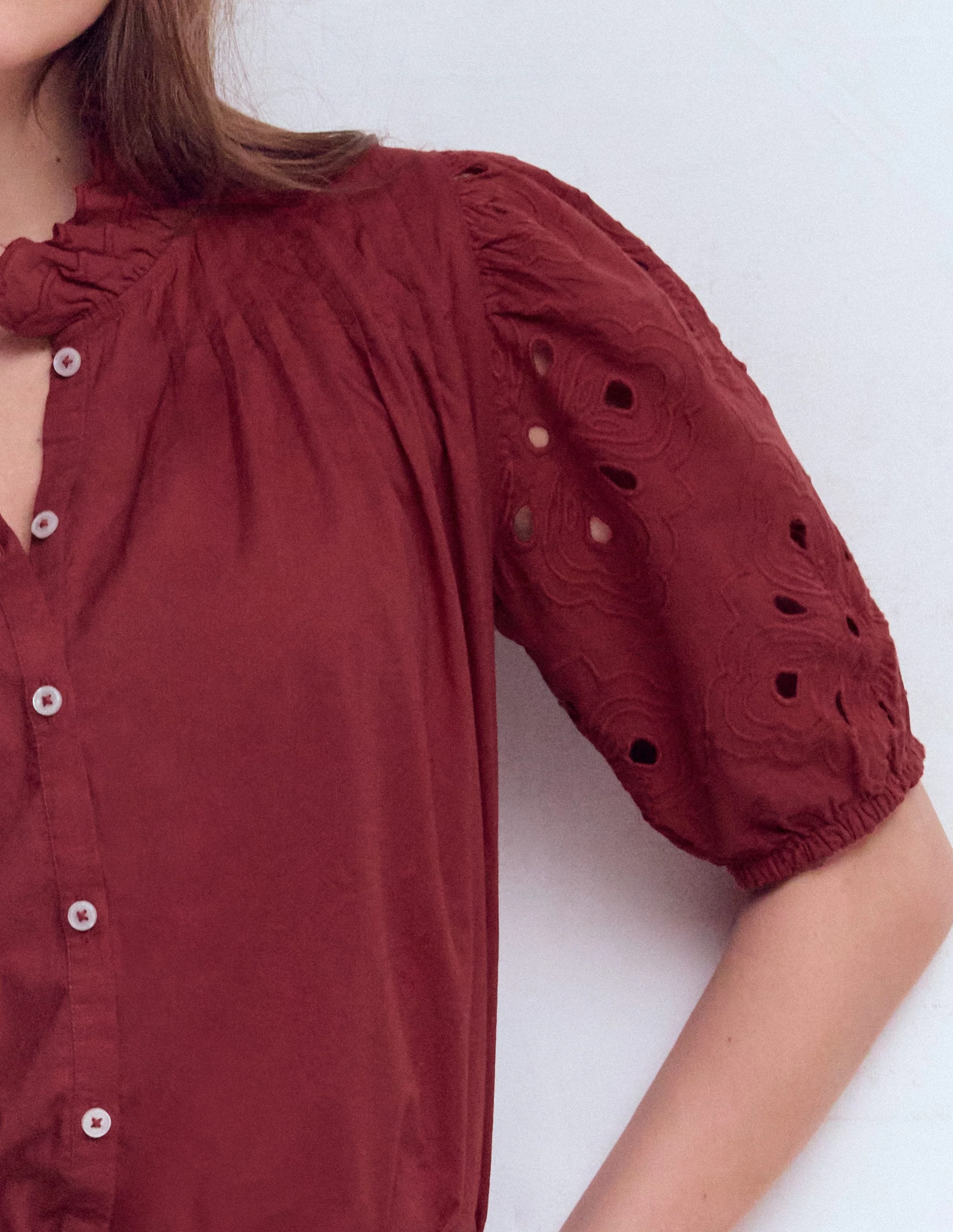 Cutwork Puff Sleeve Top-Russet - Image 2
