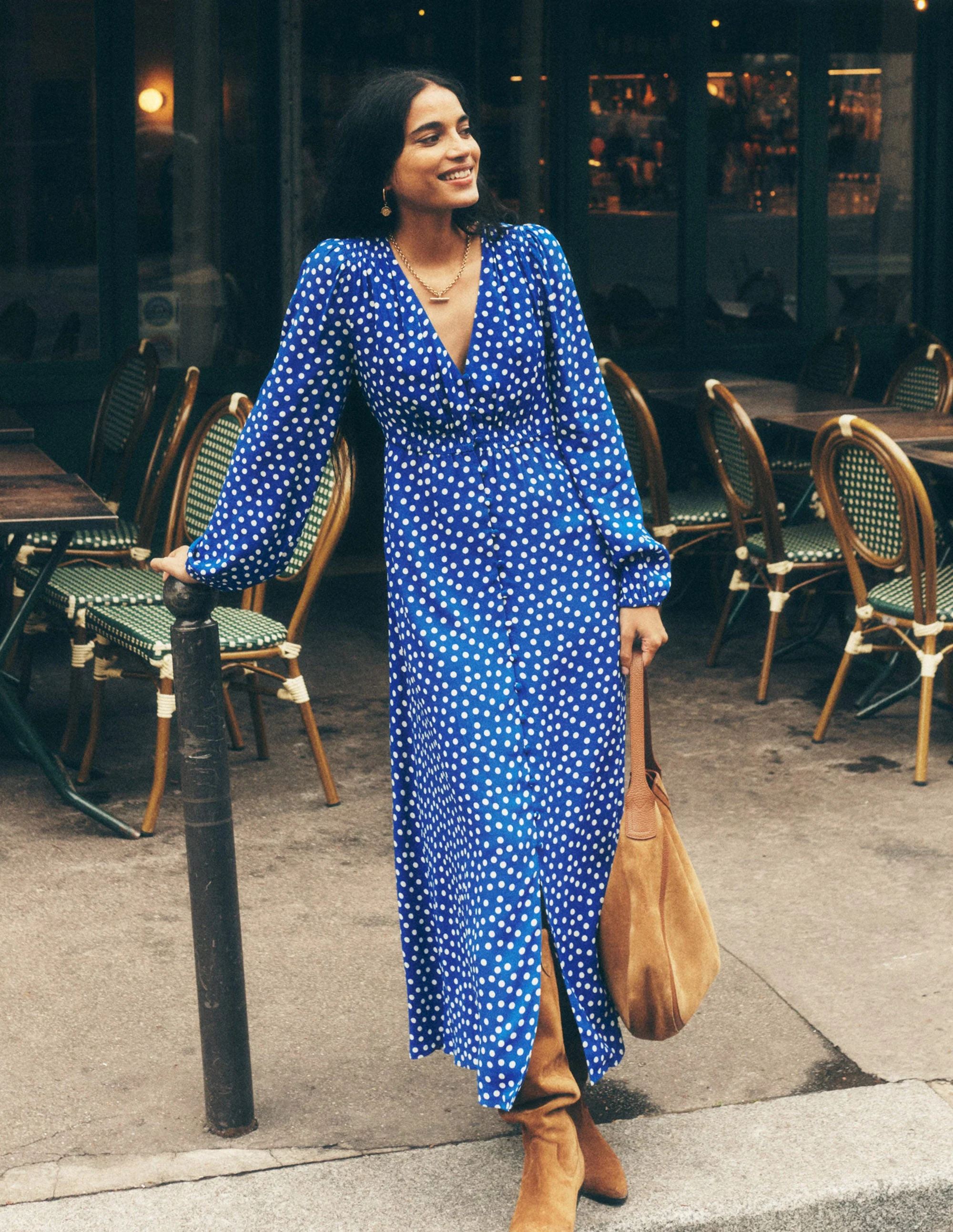 Cynthia Button Tea Dress-Bright Blue, Abstract Dot - Image 2