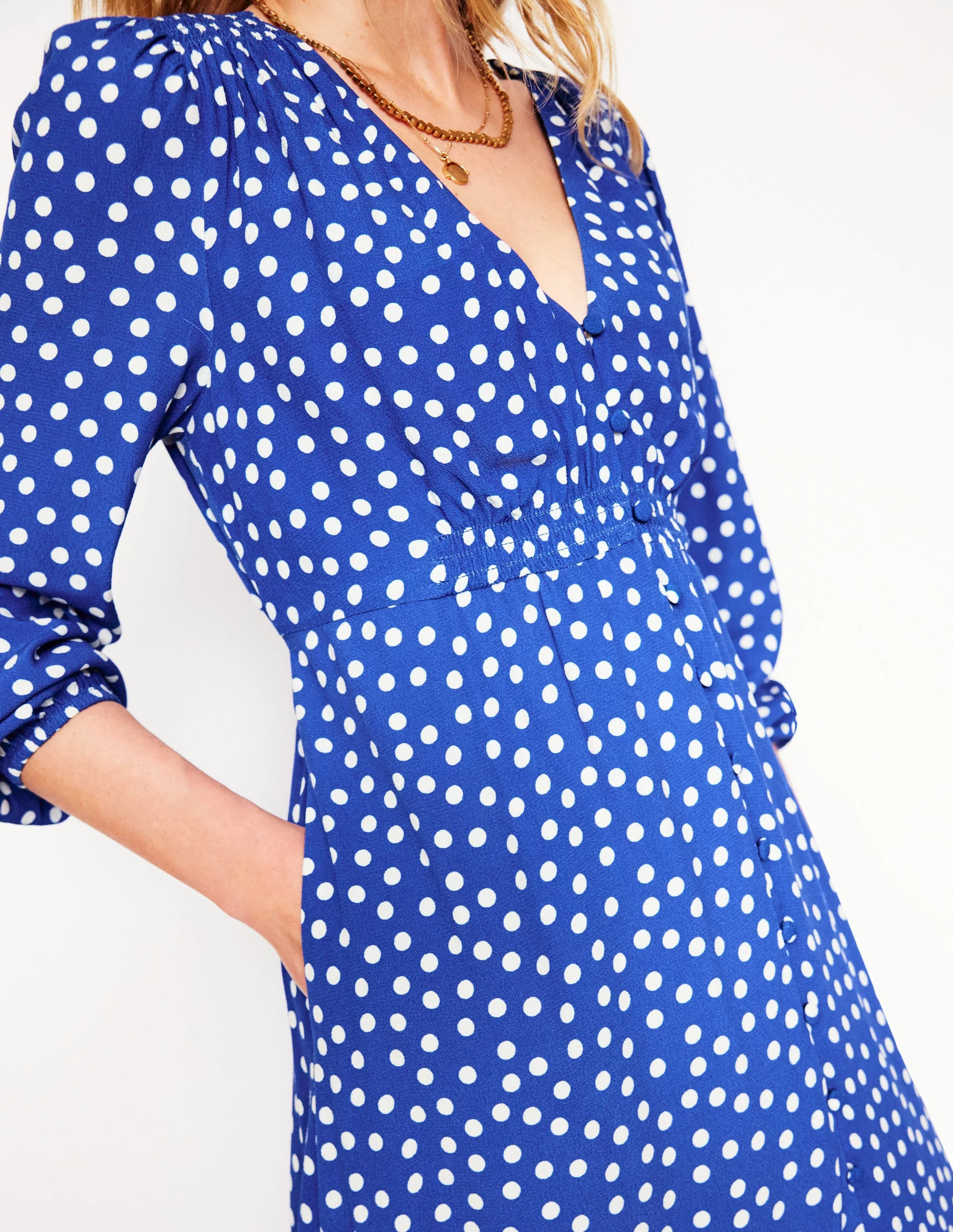 Cynthia Button Tea Dress-Bright Blue, Abstract Dot - Image 3