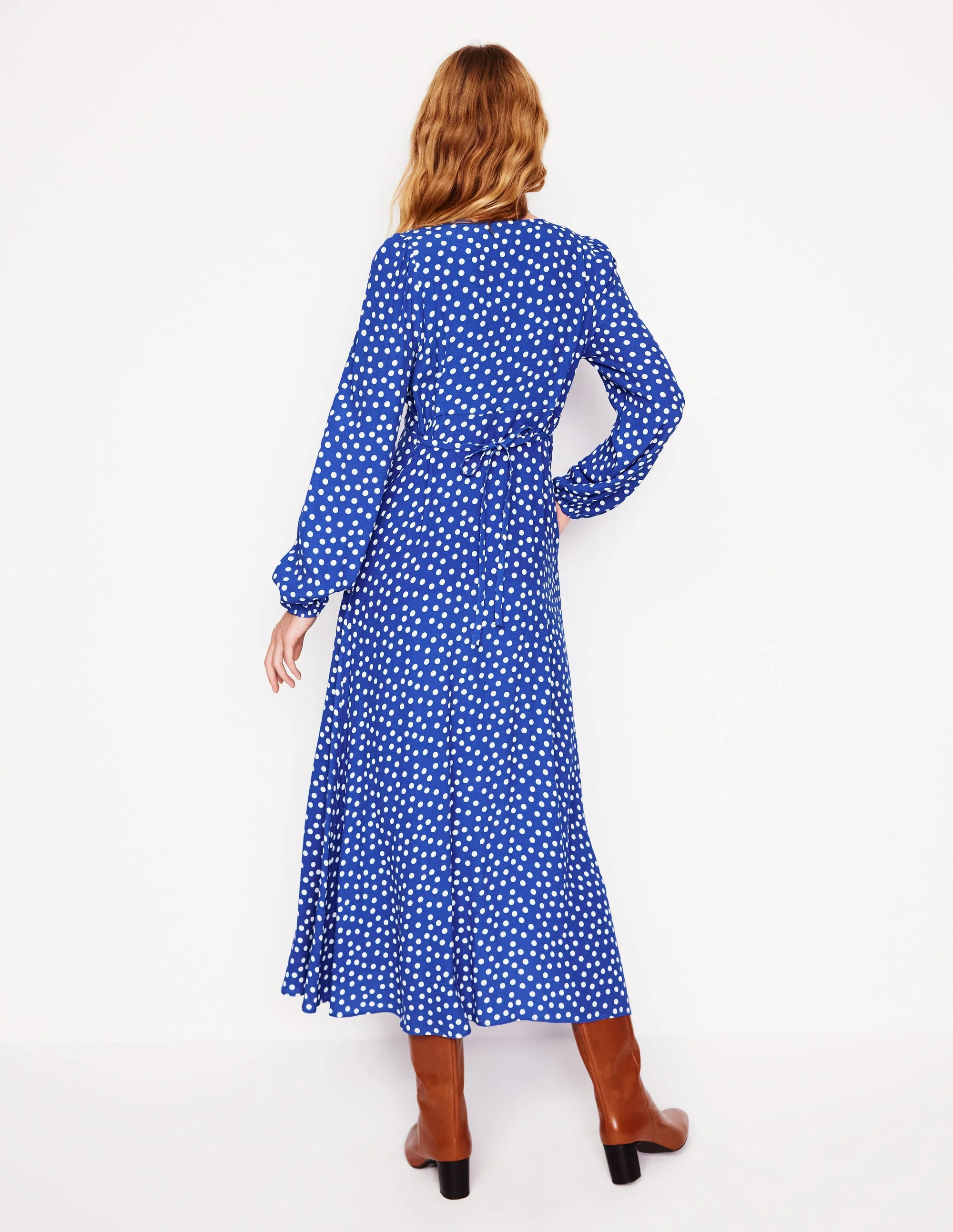 Cynthia Button Tea Dress-Bright Blue, Abstract Dot - Image 4