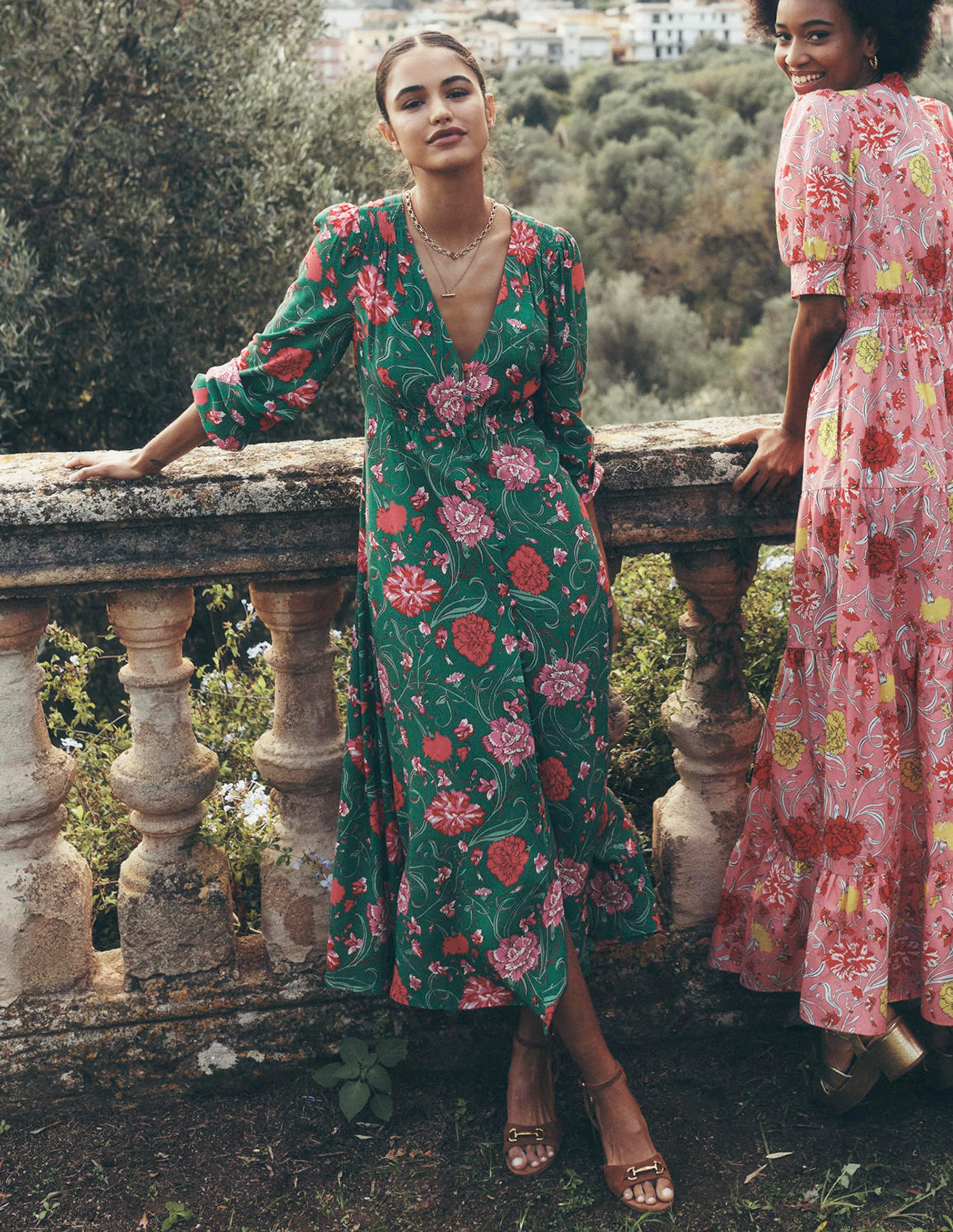 Cynthia Button Tea Dress-Rich Emerald, Carnation Vine - Image 6