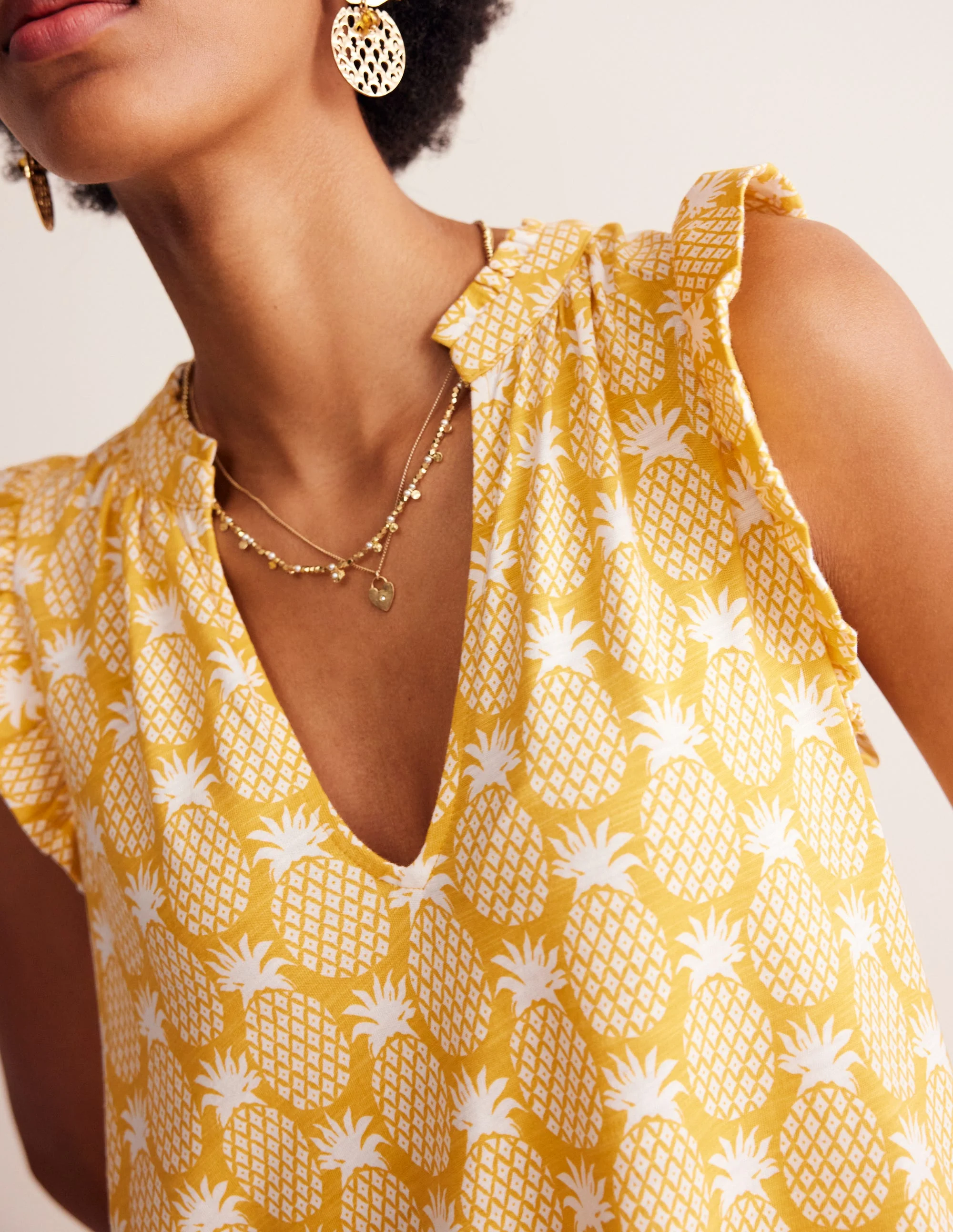 Daisy Jersey Short Tier Dress-Ceylon Yellow, Pineapple Geo - Image 2