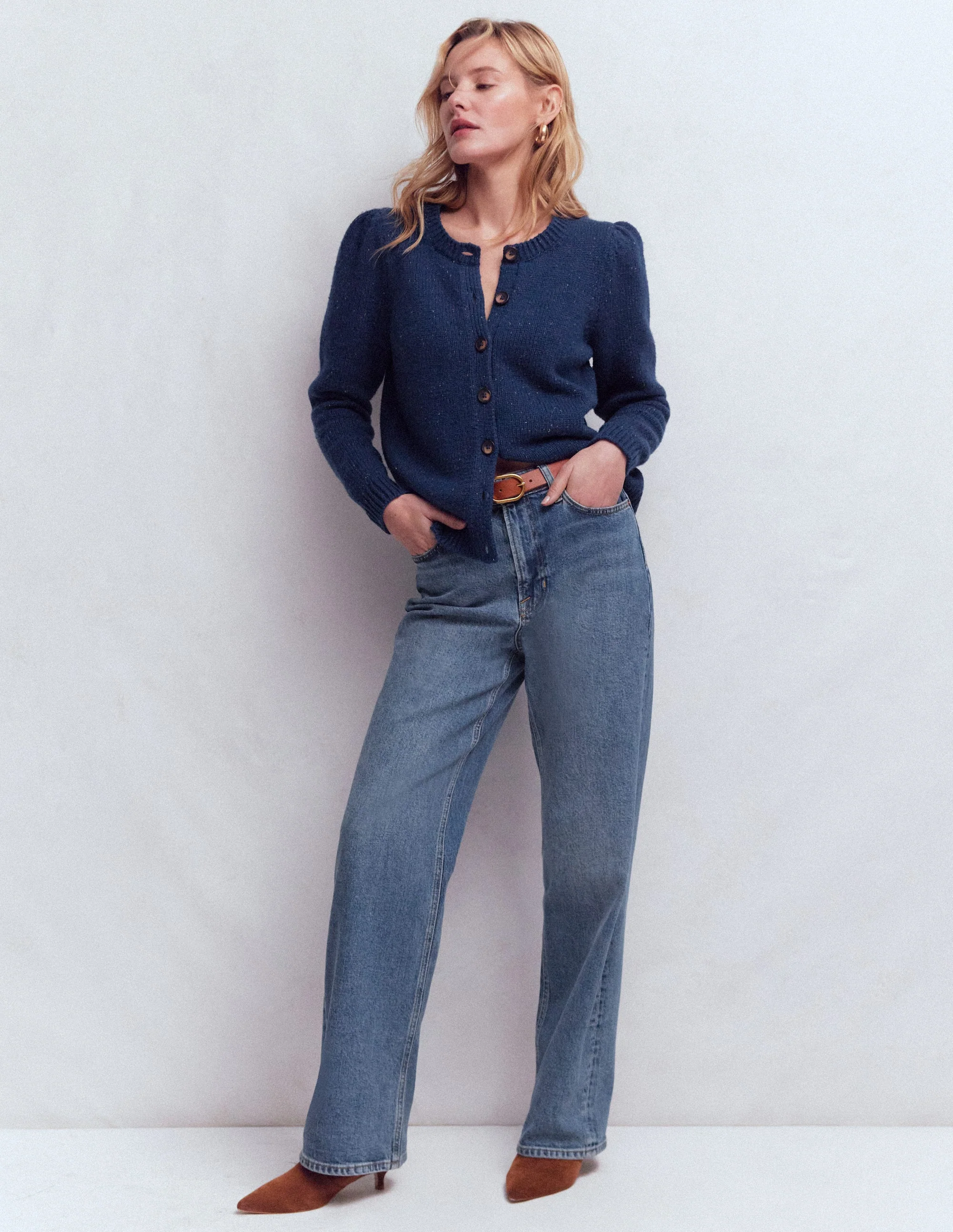 Davina Puff Sleeve Cardigan-Blue, Nep - Image 4